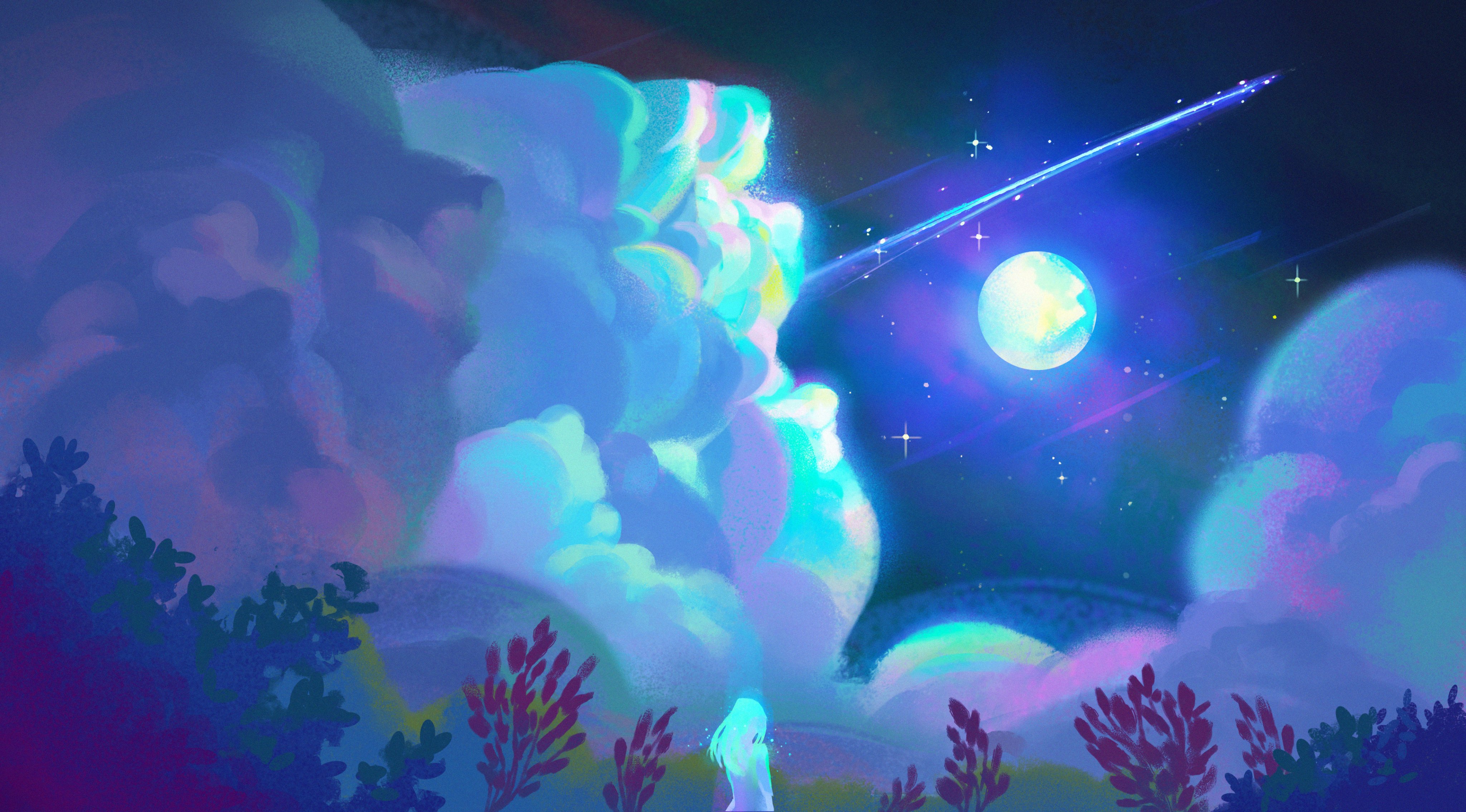a young woman, depicted in white, stands amidst foliage looking at a night sky full of large, vibrant blue clouds and a bright full moon. a shooting star streaks across the sky.