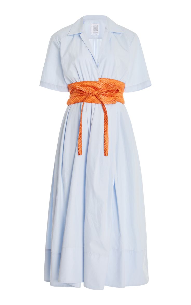 this is a picture of a beautiful light blue dress. the dress has short sleeves, a collared neckline, and a cinched waist with a beautiful orange belt.  it falls to the knees. the dress is isolated against a white background.