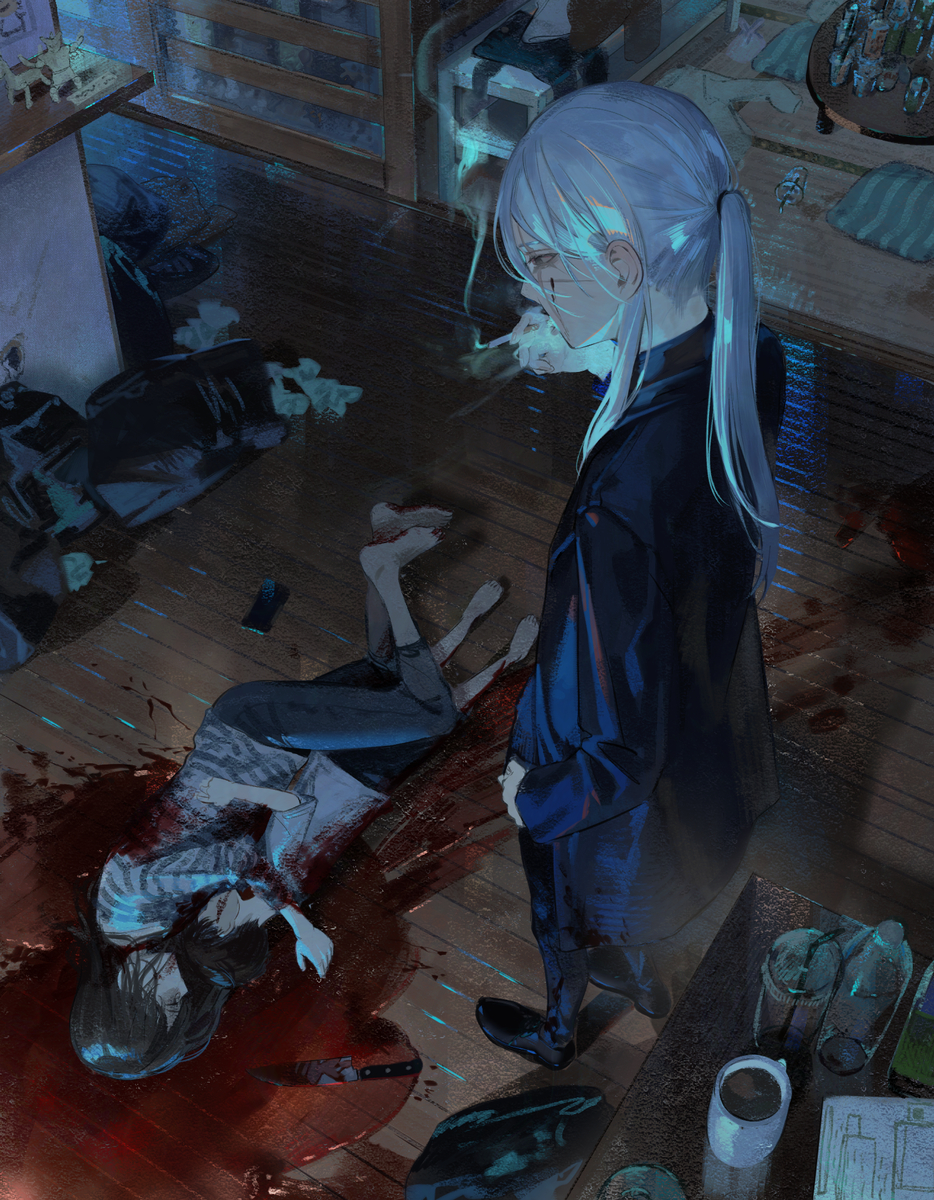 the image shows an animestyle digital art depicting a dark scene of violence. a male character with gray hair tied in a ponytail, wearing a black suit, stands in a room filled with blood and what appears to be dead bodies. one body lies near his feet, with a knife next to it, surrounded by a pool of blood. the male character is smoking, with a serious or contemplative expression. the room is dimly lit, with various objects like a table, chairs, and a window visible in the background. the overall tone of the image is grim and unsettling.