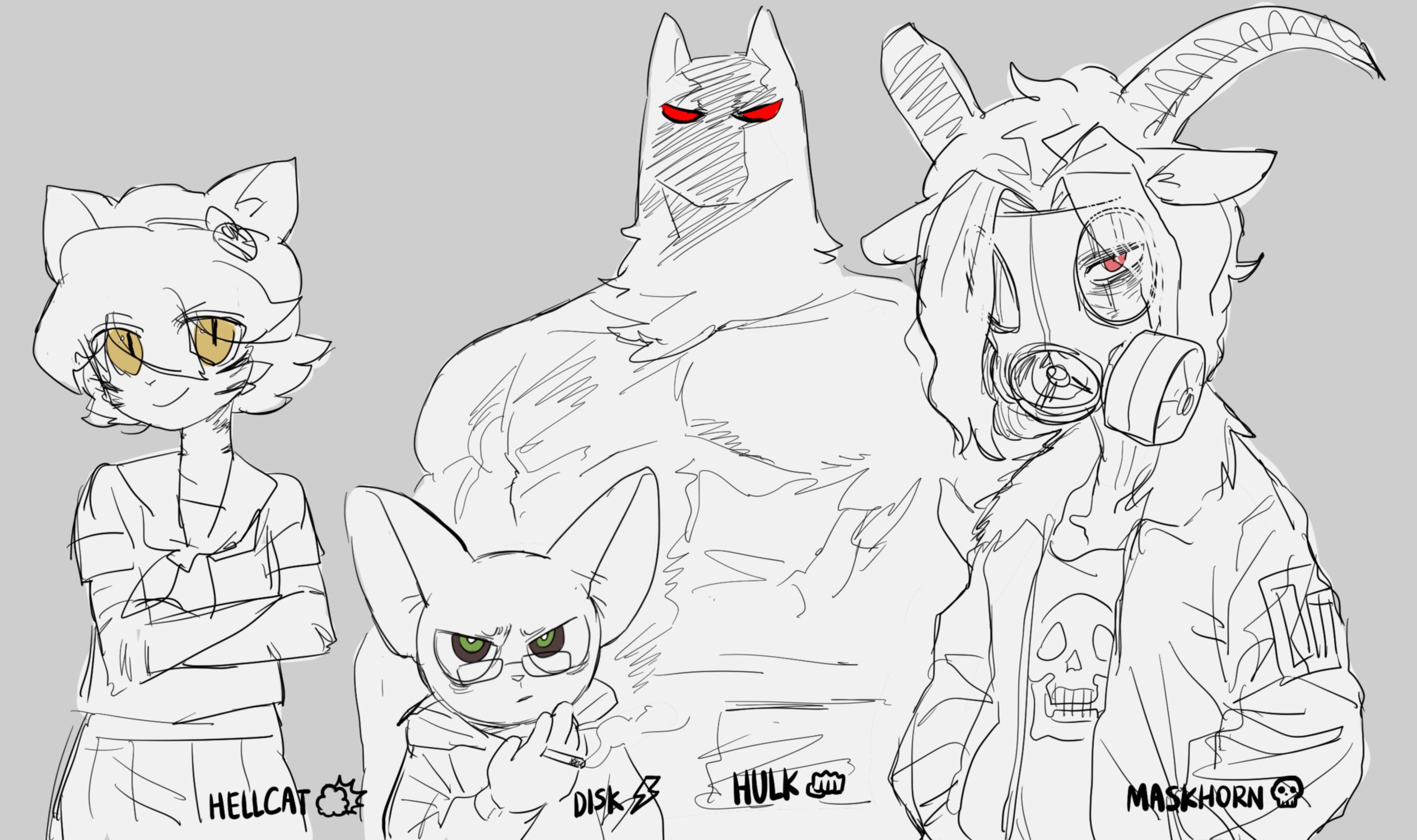 a drawing of four characters. the first character is a white cat with yellow eyes and a black collar with a bow on it. she is wearing a white and black striped shirt with a black skirt. the second character is a white canine with black ears and red eyes. it looks like a wolf, but without fur. the third character is a white and grey cat with green eyes wearing glasses. it is wearing a grey jacket and pants. the fourth character is a black and white goat with red eyes wearing a mask. it is wearing a black jacket and pants.  they are all looking at the camera and drawn in a cartoon style.