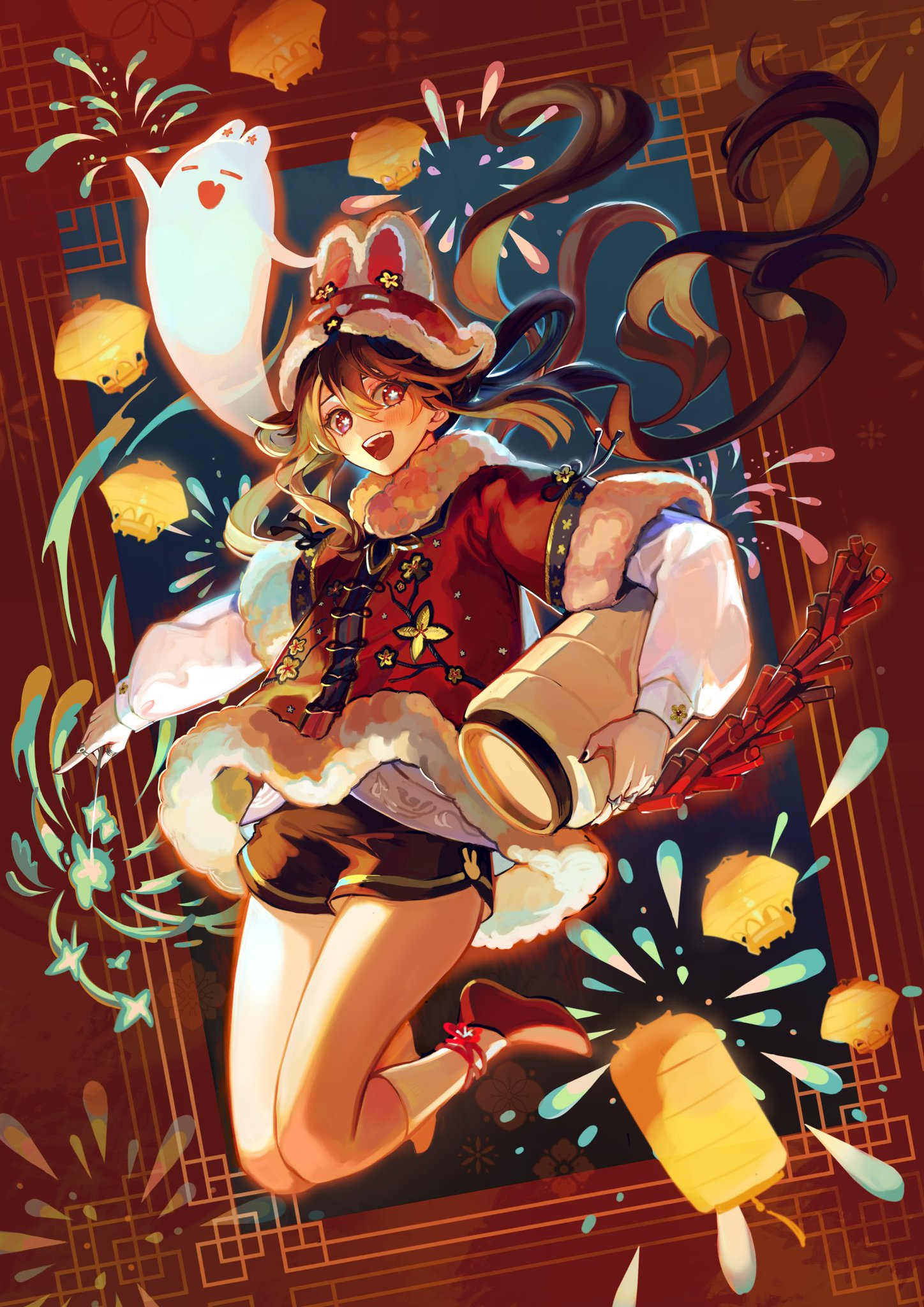 an anime girl wearing a red chinese dress is jumping in the air, holding a lantern and a firecracker. she is surrounded by fireworks, lanterns and other festive decorations. the background is a red and gold color scheme, with a design that resembles a chinese window frame. the girl looks very happy and excited, and her smile is infectious. the overall theme of the image is happiness, celebration, and new beginnings.