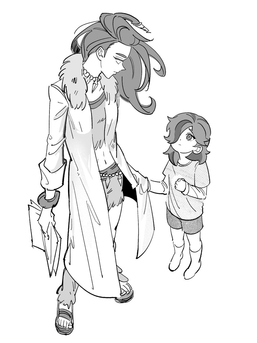 the illustration depicts a tall, slender figure with elaborate clothing and accessories. their attire incorporates elements of gothic and fantasy fashion. they stand beside a much shorter, younger figure wearing casual attire. both figures exhibit distinct physical characteristics and expressions, suggesting a possible narrative or relationship. the overall style is reminiscent of comic book or manga artwork, with strong linework and contrasting values to define form and detail.