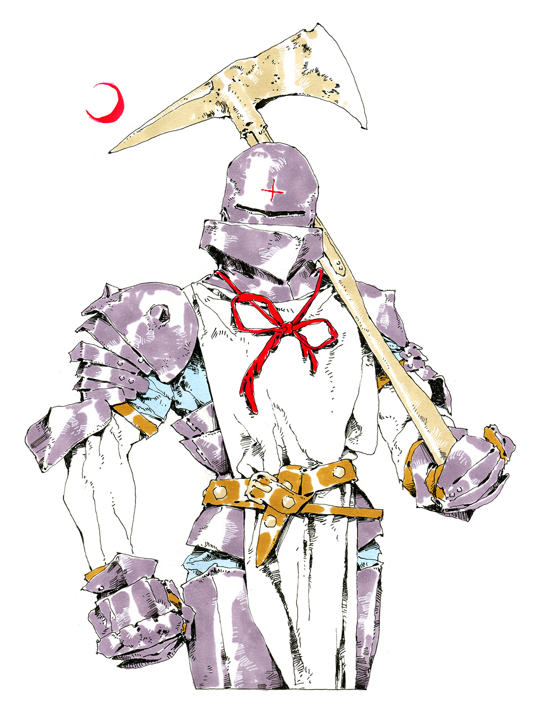 the illustration showcases a heavily armored knight, rendered in a detailed and somewhat stylized manner. the knight's armor is primarily gray with hints of blue, suggesting a metallic material. the design of the armor is intricate, featuring various plates and segments that would allow for mobility. a white surcoat, a common garment worn over armor for identification and protection from the elements, partially covers the knight's torso.  the knight's weapon of choice, a large battleaxe, rests on their shoulder, further emphasizing their strength and readiness for combat.