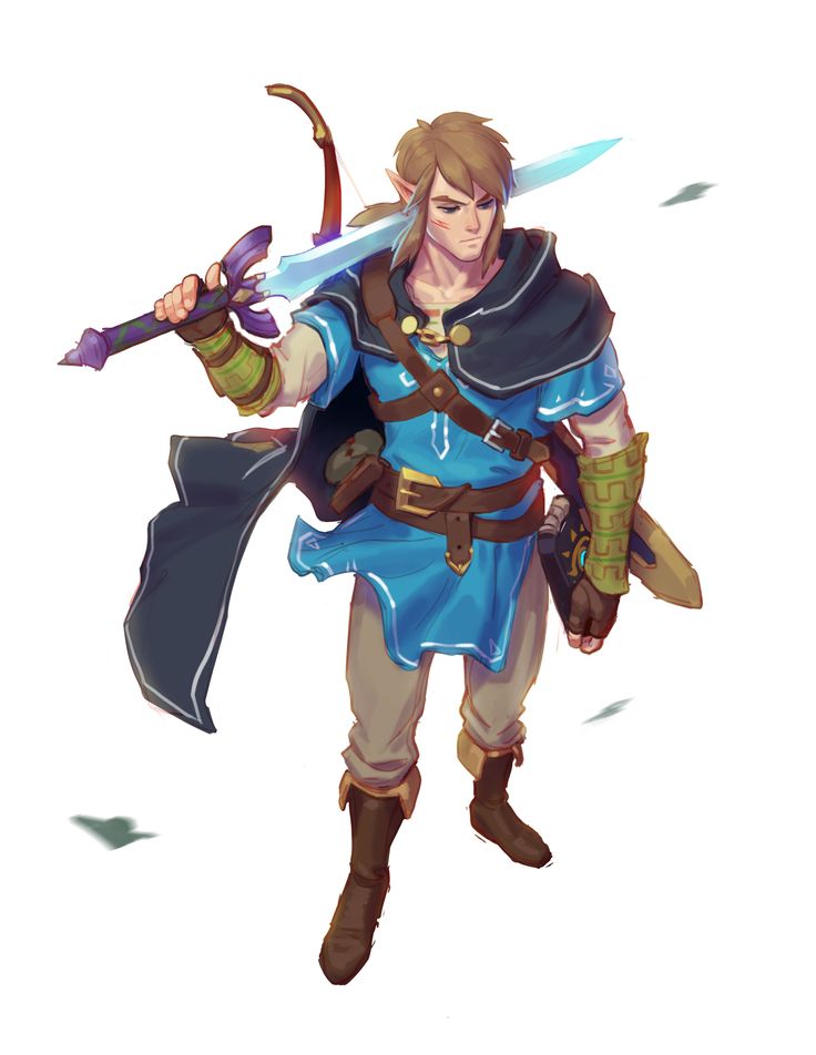 a fullbody illustration of link from the legend of zelda series. he is holding a sword over his shoulder and has a bow on his back. he is wearing a blue tunic, brown boots, and a dark cloak. he has a determined expression on his face.
