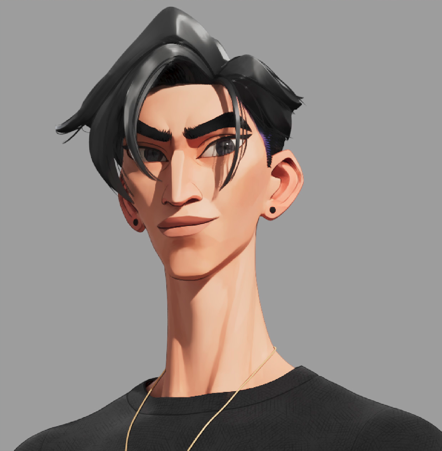 this is a stylized 3d portrait of a young man with black hair and brown eyes. he is wearing a black tshirt and a gold chain. the background is plain gray.