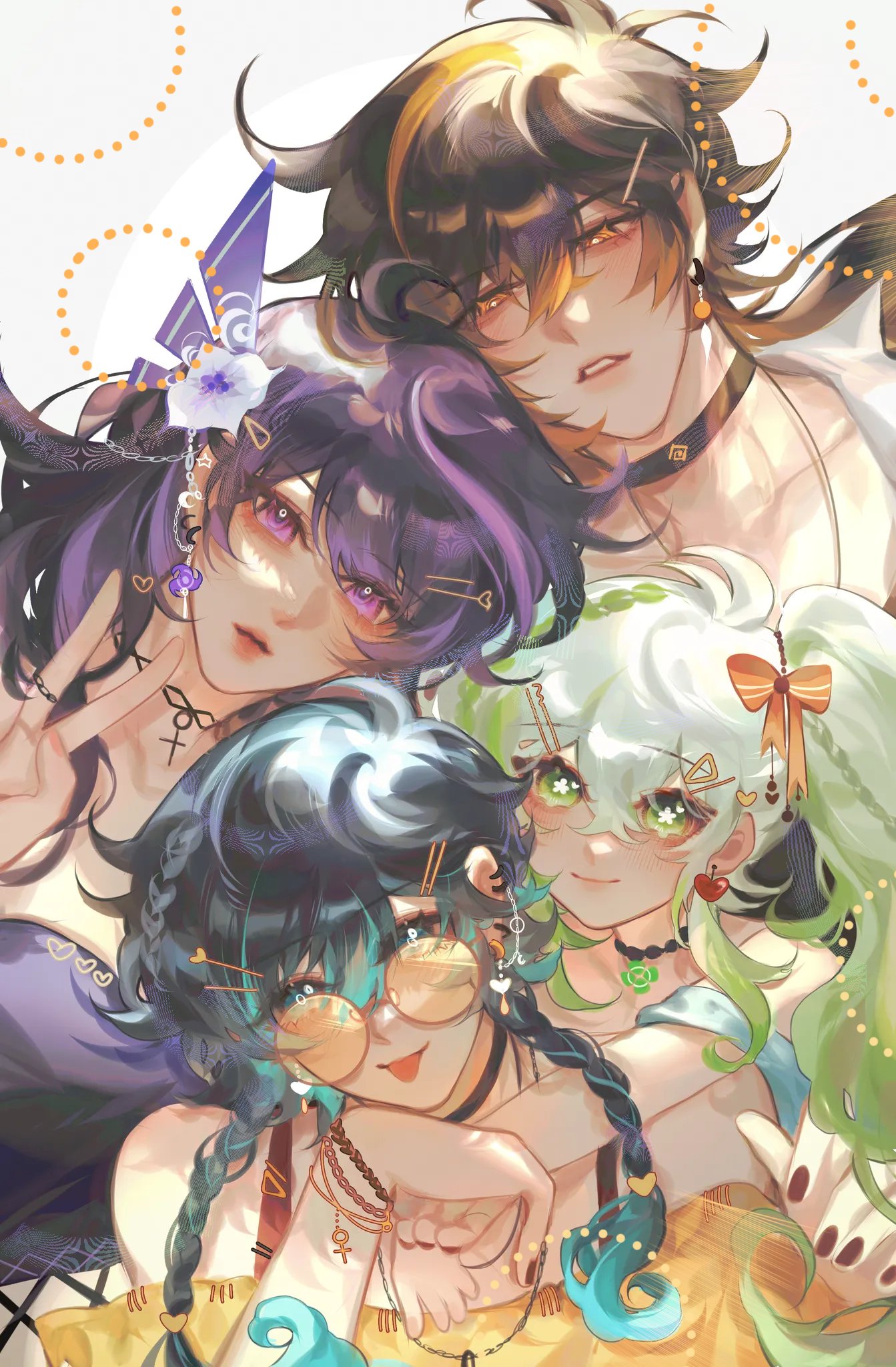 the image is a vibrant digital fanart depicting a group of four animestyle girls.  they're close together in a hug or embrace, suggesting a strong bond of friendship.  each girl has a unique hairstyle and outfit, featuring pastel colors and intricate details. the art style is whimsical and ethereal, with soft lighting and a dreamy atmosphere.  the girls' expressions are happy and relaxed, creating an overall feeling of warmth and affection. the background is simple and understated, allowing the focus to remain on the characters.  there is a clear attention to detail in the hair, clothing, and accessories.