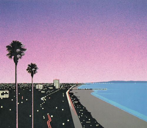 this is a digital illustration of a cityscape with palm trees, a beach, and an ocean in the background. the sky is pink and purple, and there are clouds in the distance. the city is lit up with lights, and the road leads out to the beach. the overall style is retro and minimalist, evoking a synthwave or vaporwave aesthetic.