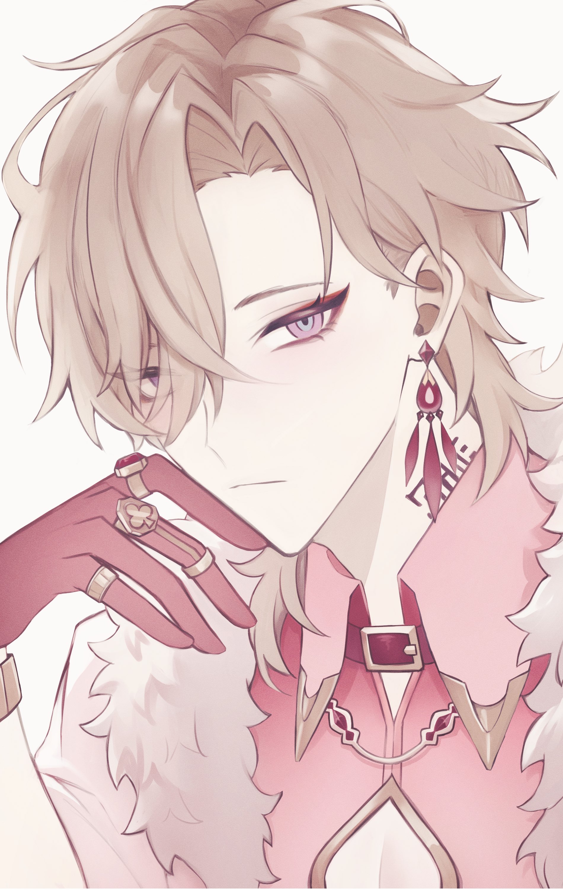 this image features a handsome anime character with blond hair. he's wearing a pink shirt with white fur trim and a silver chain. he's also wearing red gloves and a ring on his finger. the background is white.