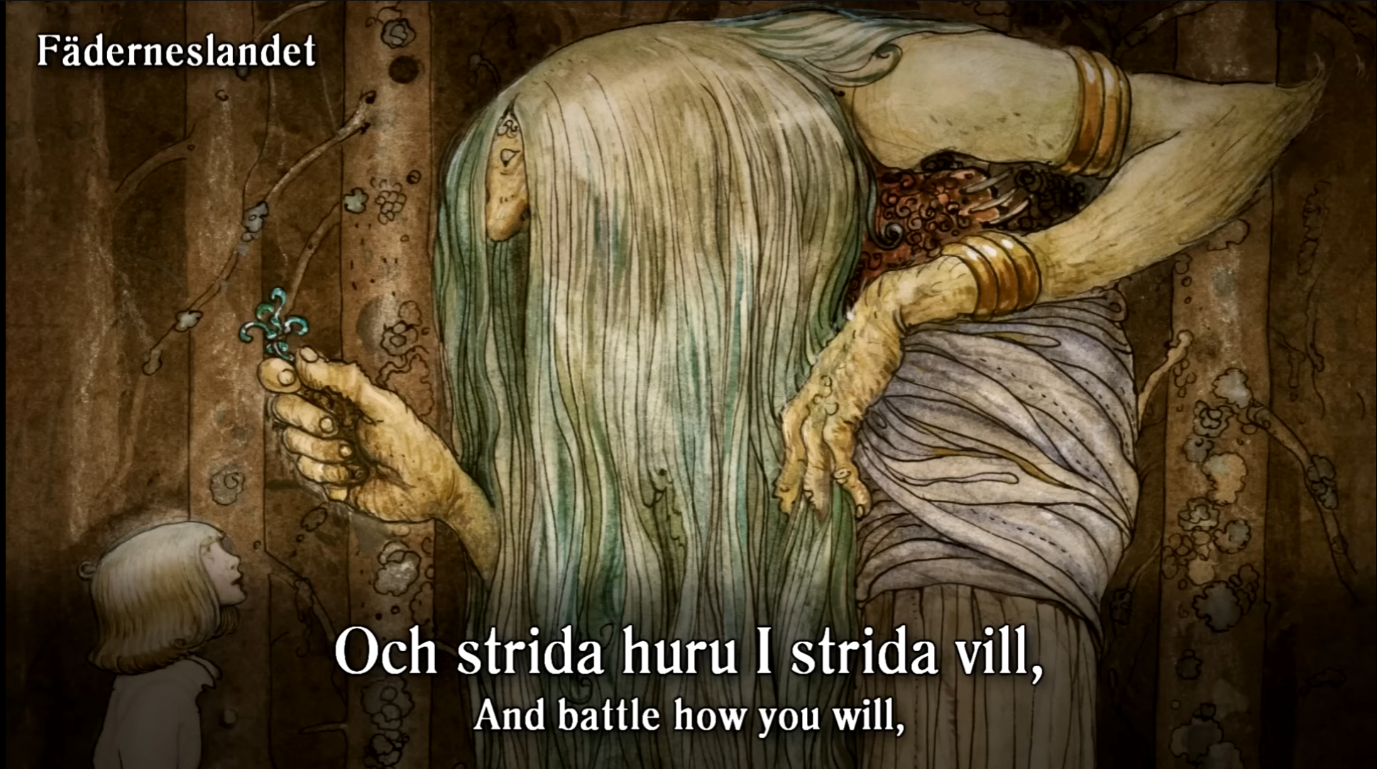 the image showcases a scene from what appears to be a children's story or a scene from swedish folklore. it features a giantess with flowing grey hair and a somber expression, towering over a small child. the giantess holds a delicate blue flower in her hand, contrasting with her immense size. the background depicts a dimly lit forest with a soft, magical ambiance. the perspective positions the viewer slightly below the giantess, emphasizing her imposing stature. the overall atmosphere evokes a sense of wonder and mystery.  the text overlayed on the image, "och strida huru i strida vill, and battle how you will," suggests a moment of confrontation or challenge within the story.