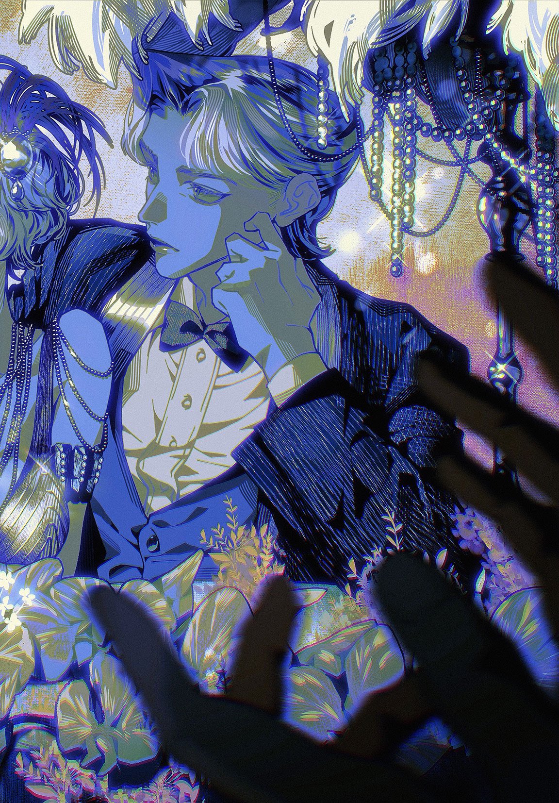 this is a digital illustration of an anime couple in formal wear, likely at a ball or other fancy event. the man wears a tuxedo and bow tie, while the woman has an elaborate dress with pearls and flowers in her hair. there are shadows cast over the scene, adding to the mysterious and dramatic mood. the artwork features a lot of floral details and other decorative elements, giving it a fantastical feel.