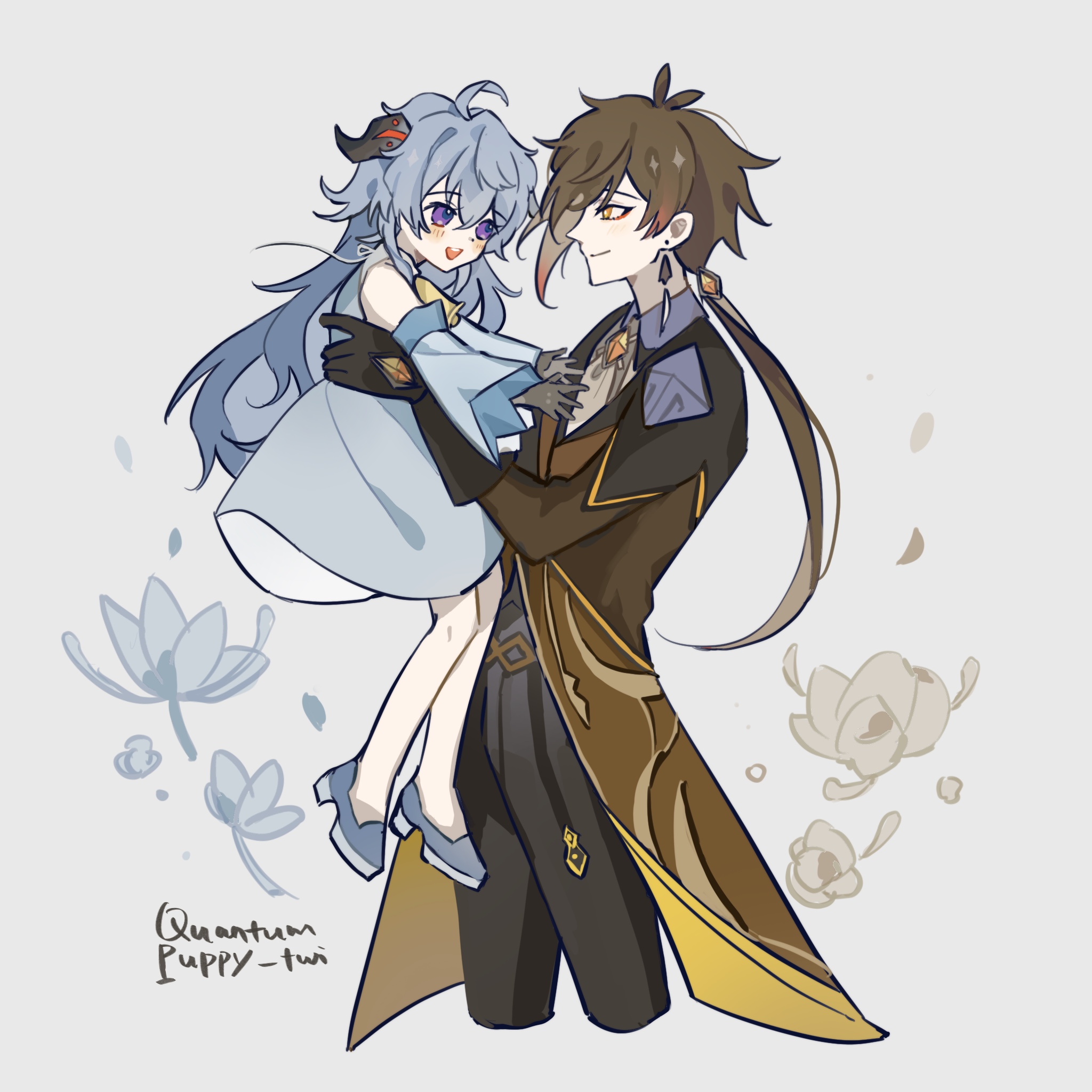 the image is a digital illustration of a male and female anime character. the male character is a tall, handsome man with dark brown hair and eyes. he is wearing a long brown coat over a black suit. he is holding the female character in his arms. the female character is a small, cute girl with long, blue hair and purple eyes. she is wearing a white dress. they both have a big smile on their face. in the background, there are many flowers. the art style is cute and sweet, and the image evokes a feeling of love and happiness.