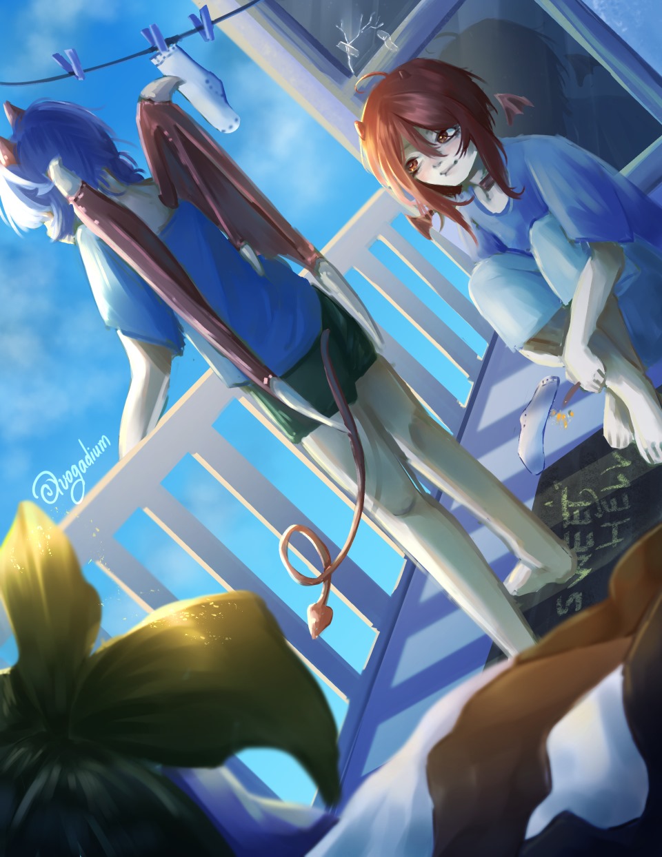 the image is a digital painting in an anime style. it depicts two young female characters, one with blue hair and devillike wings, and the other with red hair, relaxing on a porch.  the scene is bright and sunny, with clothes hanging on a clothesline in the background.  the overall mood is lighthearted and peaceful, suggesting friendship or a casual, summer afternoon.  a plant is visible in the foreground, adding to the relaxed outdoor setting. the art style is soft and painterly, with a focus on light and color.