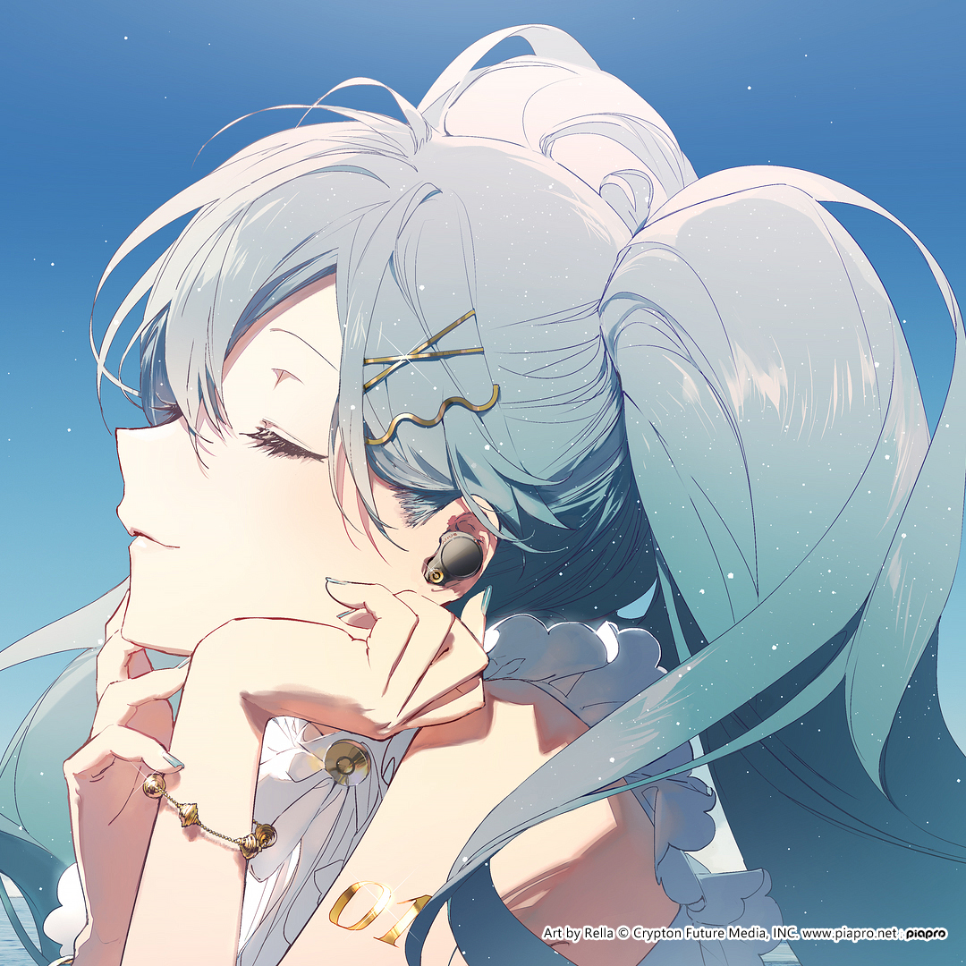 a digital illustration of hatsune miku, an anime girl with long, flowing blue hair styled in high pigtails. she is wearing earbuds and jewelry, and her eyes are closed as she gazes upward with a serene expression. the art is credited to reila and crypton future media.