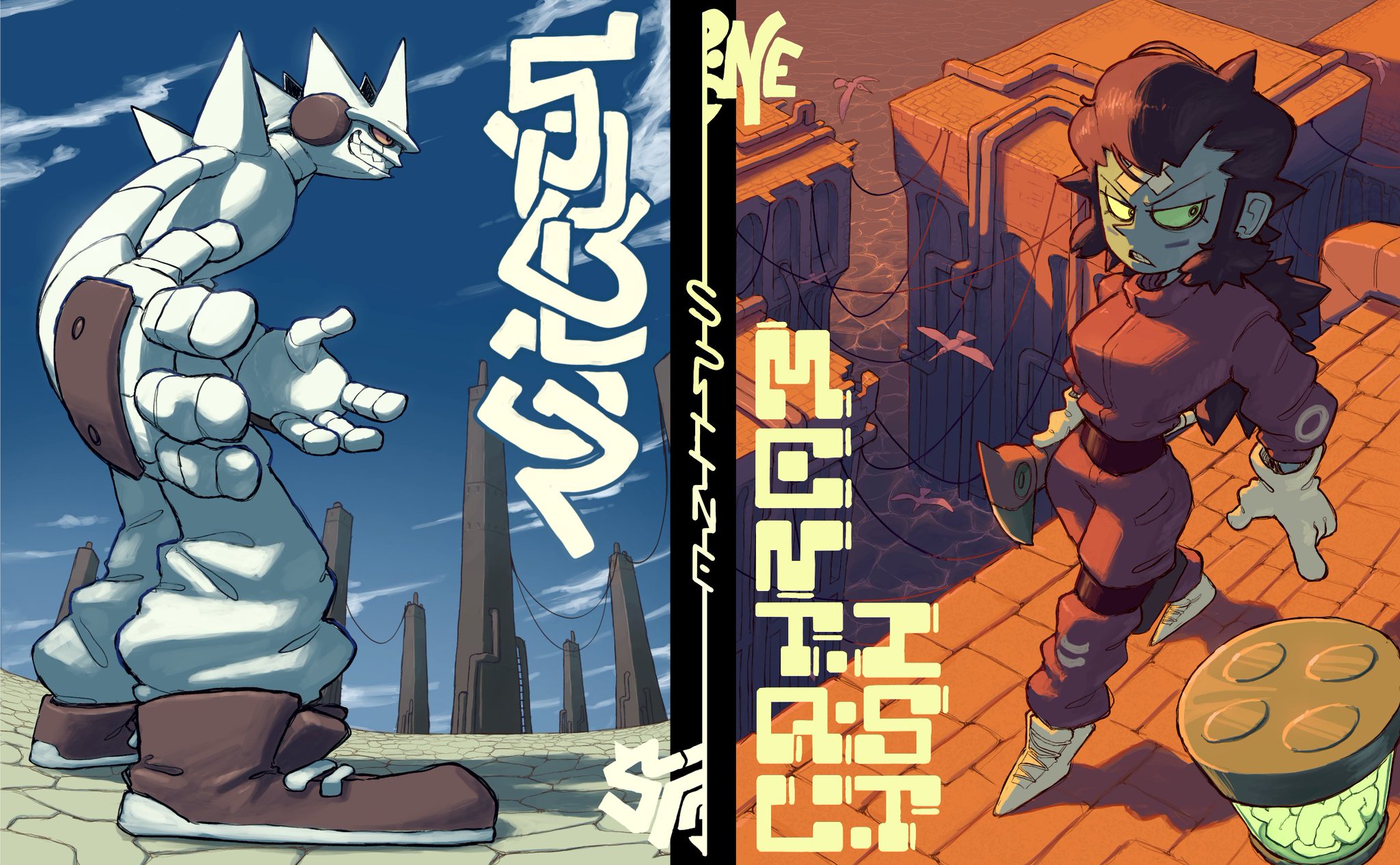 the image features two cartoon characters, potentially for a video game, set against distinct backdrops. on the left, a large, white, golemlike figure with spiked shoulders stands on a platform against a blue sky with towering structures in the background. on the right, a determinedlooking, redclad female character with an hourglass symbol stands on a platform within an orangehued, futuristic cityscape. the characters are rendered in a stylized, comicbook style with exaggerated features. the image utilizes a limited color palette and bold lines, contributing to its graphic novel aesthetic.