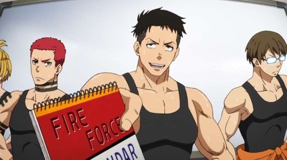 the image shows three male anime characters from the show fire force. they seem to be inside a building and are all wearing black tank tops. the character on the left has spiky blond hair and a tribal tattoo. the character in the middle has short black hair and tan skin, and is holding a red notepad labeled "fire force."  the character on the right has brown hair and is wearing orange swim trunks with his tank top. all three have expressions of excitement on their faces.