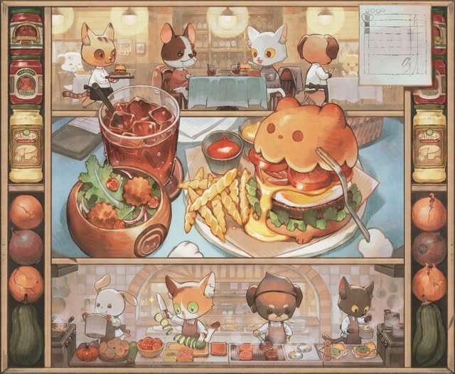 the image shows an illustration of a restaurant run by cartoon animals. there are cats and dogs acting as waiters and customers. a variety of food items are displayed, including a large burger, fries, a drink, and a salad. in the kitchen area, a bunny is cooking, and other animals are preparing ingredients like tomatoes and cucumbers. shelves are stocked with fruits, vegetables, and jars of condiments.