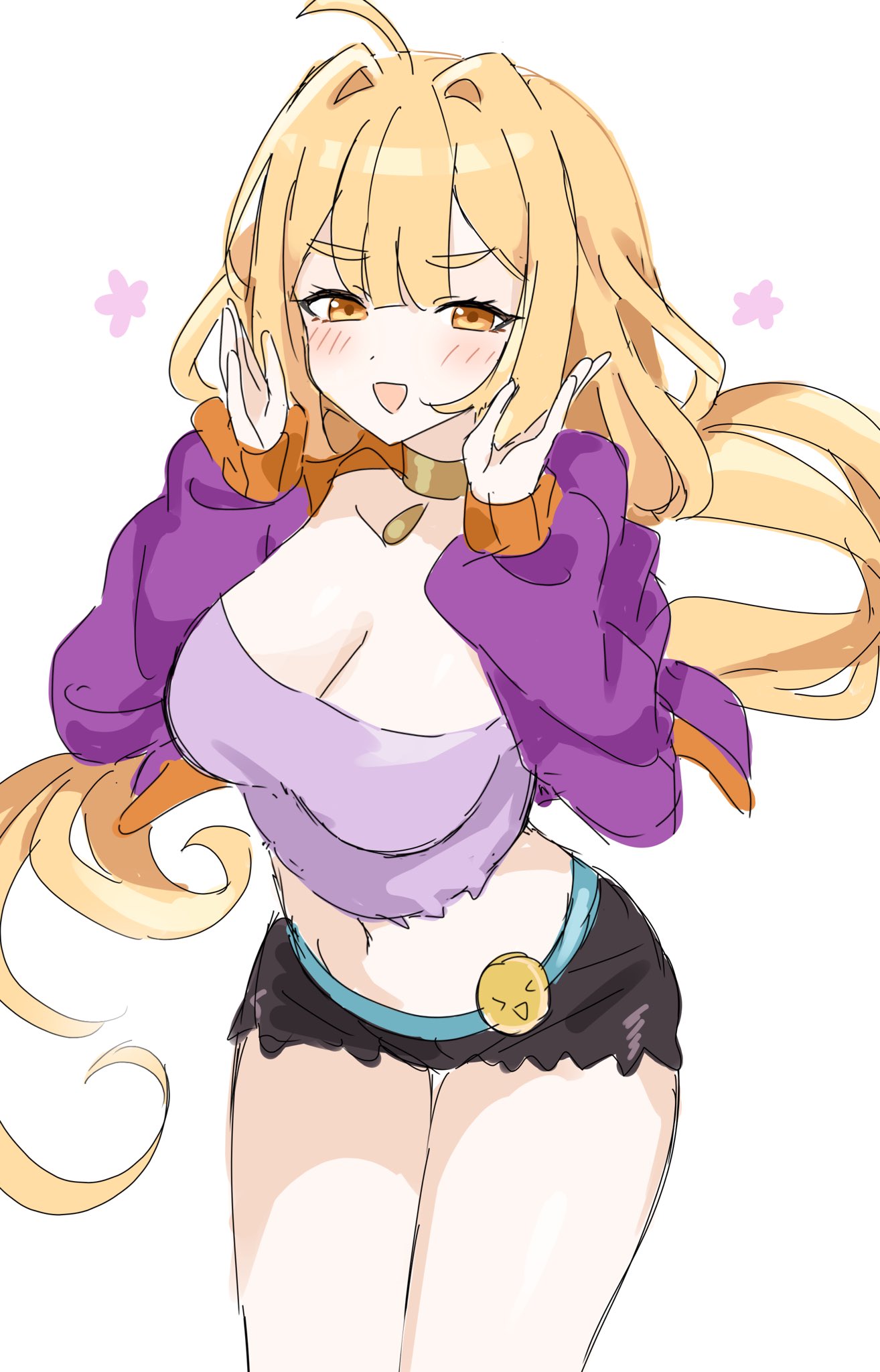 a cute anime girl with blonde hair is smiling and waving. she is wearing a purple jacket, orange shirt, blue shorts and has a happy expression on her face.  she has flowers around her head, and is wearing a gold necklace.