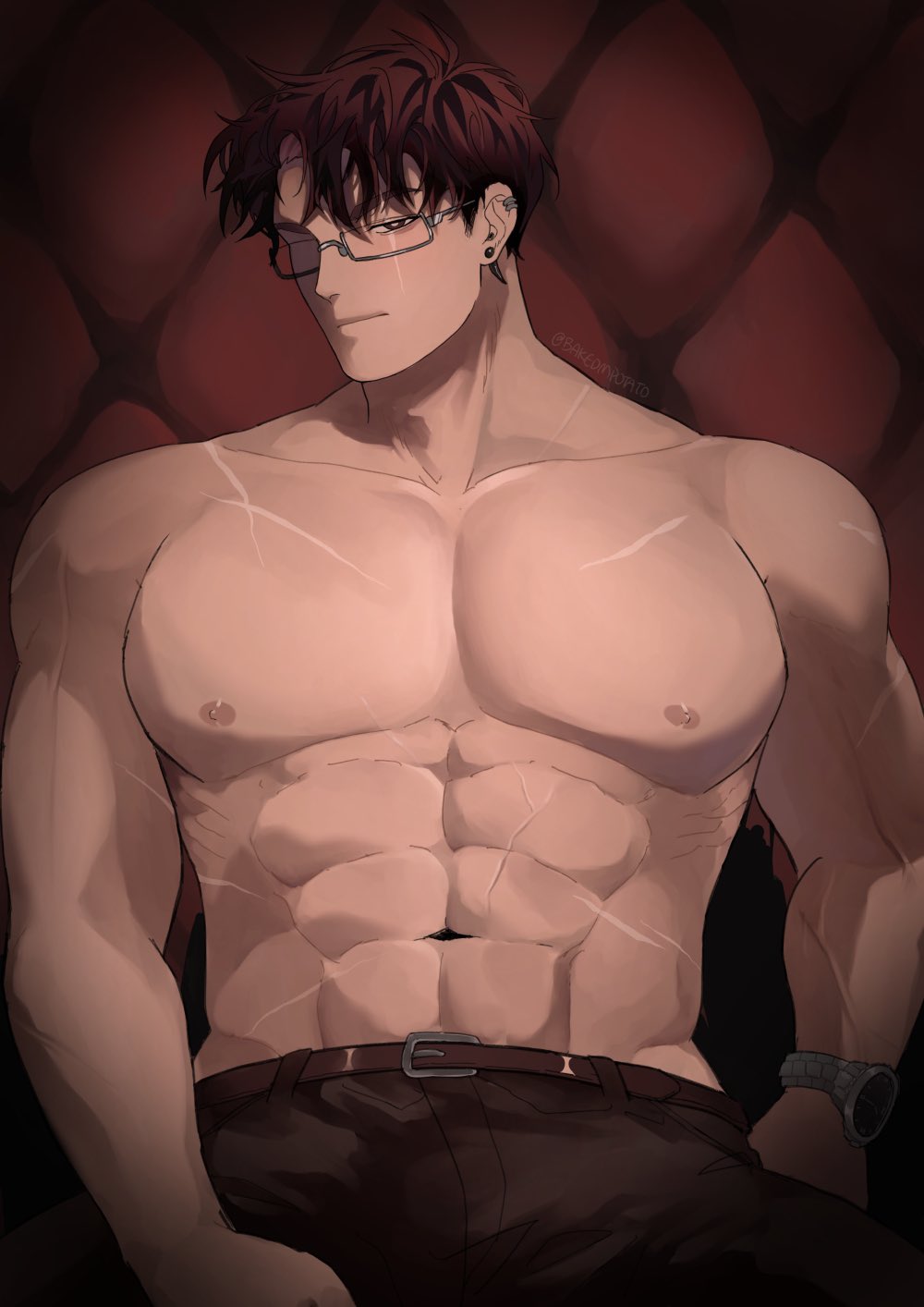 this is a digital illustration of a shirtless man with a muscular physique. he is sitting and looking down with a serious expression on his face. he is wearing glasses and a watch, with his pants partially pulled up revealing his abs. the background is a dark red with white geometric shapes.
