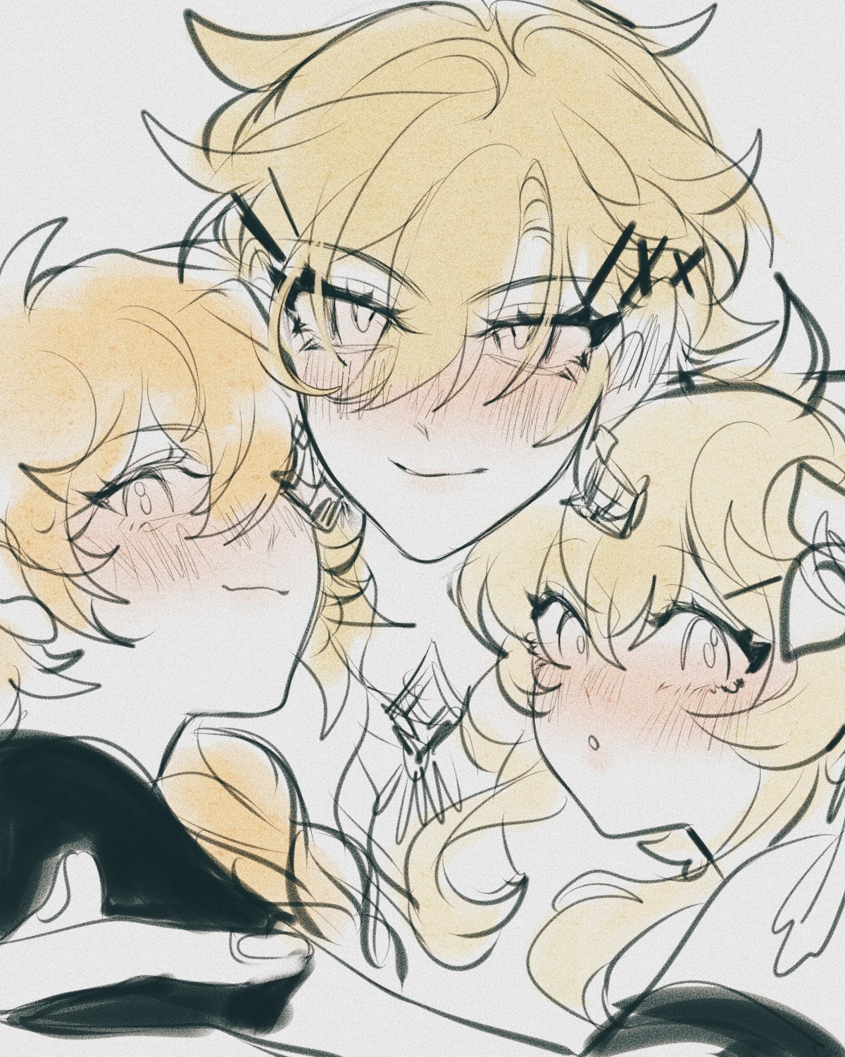 the image is a digital drawing or painting in an anime/manga style. it depicts three characters, two seemingly female and one male, all with blonde or light yellow hair.  the male character is positioned centrally, with the two female characters nestled close to him on either side.  all three characters have noticeable blush on their cheeks, suggesting affection or closeness. the art style is soft and light, using mostly pastel tones and delicate lines. the characters are drawn in a somewhat whimsical, romantic style, possibly hinting at a polyamorous relationship or close familial bond. the overall impression is one of warmth, affection, and closeness.