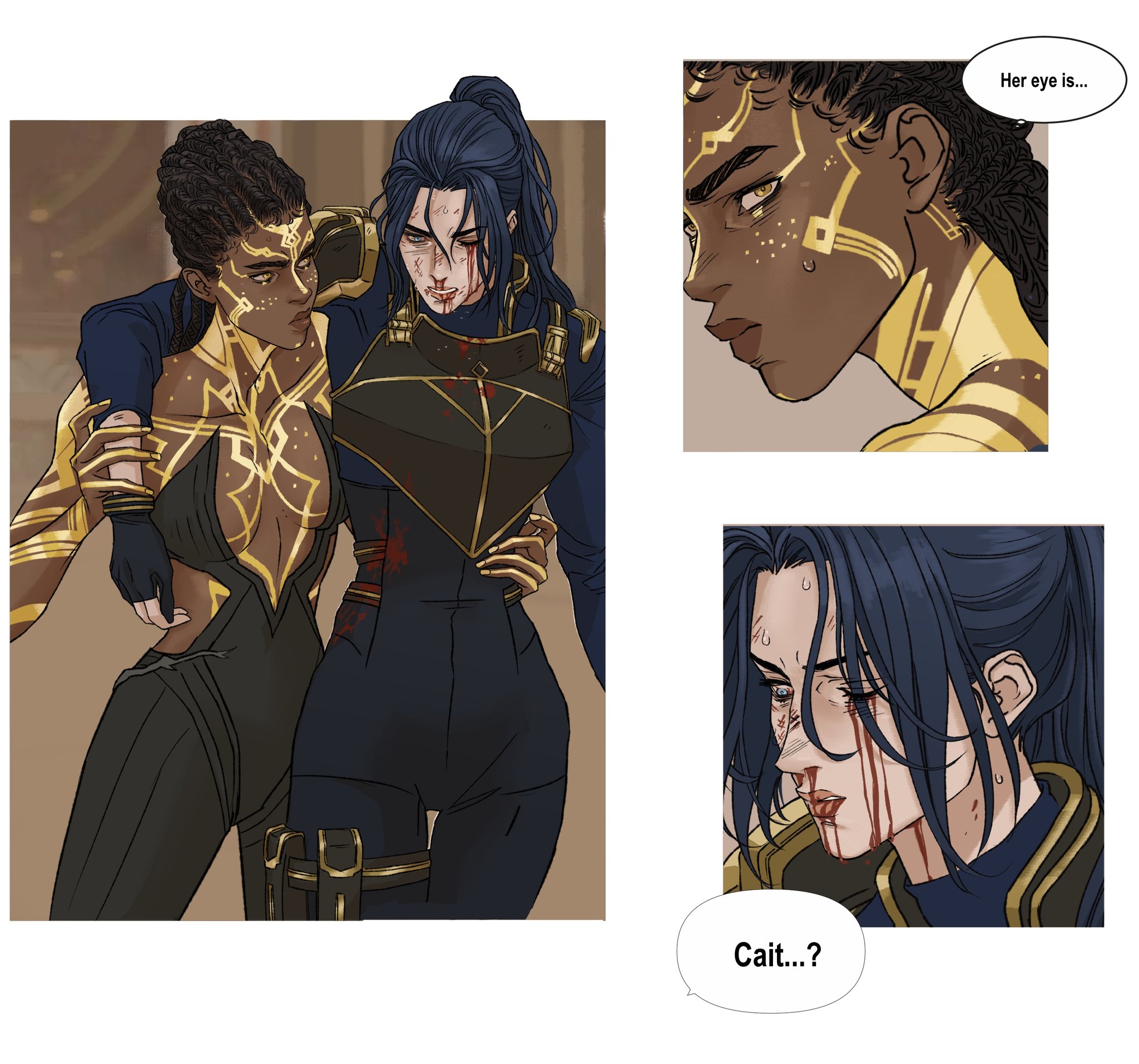 the image shows a cartoon illustration or comic panel featuring two women, likely characters from the arcane series. the woman on the left has dark skin, intricate gold markings on her face and body, and her hair in braids. she is holding the other woman, presumably named caitlyn, who has blue hair and visible injuries like cuts and blood on her face. the overall scene suggests a moment of concern and care between partners in a narrative context. a closeup panel shows the darkskinned woman thinking "her eye is...", while another closeup panel shows caitlyn's injured face with a speech bubble saying "cait...?".