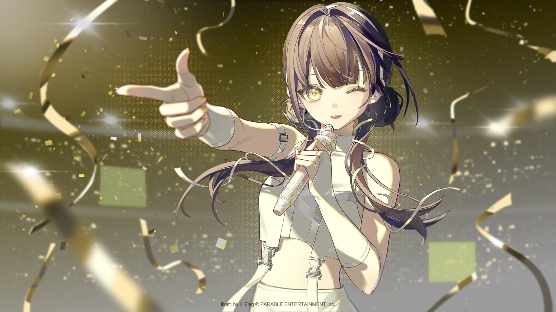 the image showcases an animestyle female character, possibly a virtual singer or vtuber,  performing on a stage. she's dressed in a white, stylish outfit, holding a microphone and winking playfully while pointing towards the viewer. the background is filled with gold confetti and sparkles, creating a celebratory and energetic atmosphere suggestive of a concert or live performance.  the art style is clean, vibrant, and detailed, characteristic of digital illustration.  a small copyright notice in the bottom corner credits the illustrator, li flag, and parable entertainment inc.