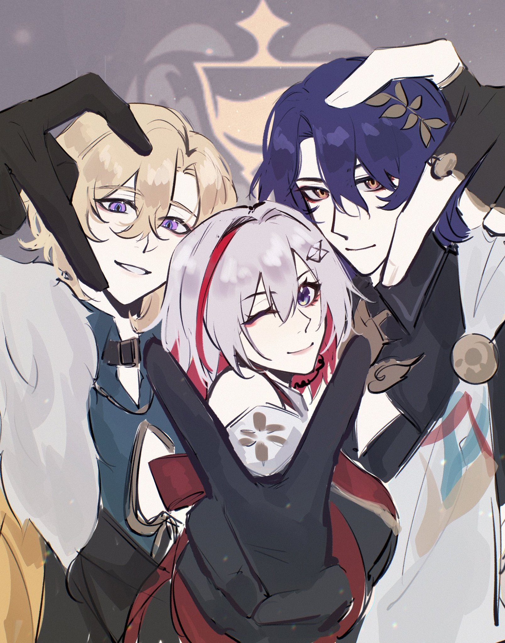 this is an animestyle digital art piece depicting three characters. the characters are all smiling and making peace signs. they are standing close together and appear to be friends. the characters have a distinct and colorful anime style, with large eyes and expressive faces. the image has a simple and cute background and conveys a sense of friendship and joy.