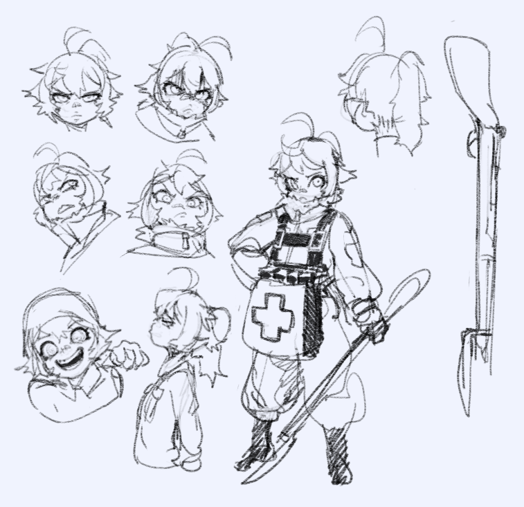 this image is a collection of sketches of an anime or manga character. the character is a young female soldier with a medical cross on her apron. there are several headshots showing various expressions, as well as full body poses with a sword. the sketches are done in pencil and appear to be part of a design process. the overall style is cartoonish and playful.