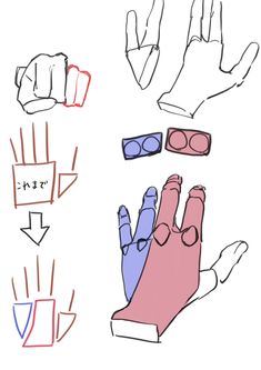 this image is a sketch tutorial on how to draw hands. it features multiple hand poses, colorcoded to show the breakdown of shapes and forms, along with arrows to guide the viewer through the process.  the tutorial focuses on simplifying the hand structure for easier drawing.