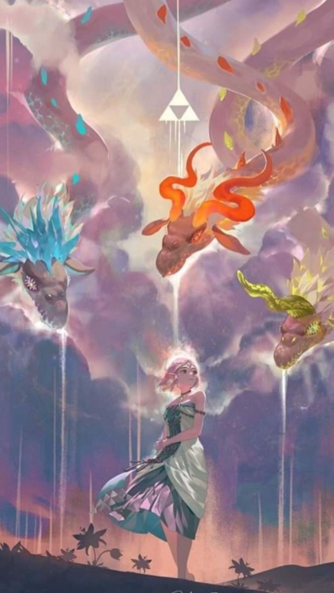 the image is a digital illustration that depicts a fantasy world with a mystical, ethereal, and whimsical vibe. the scene features a girl standing in the middle of a cloudy sky. three dragons, a red dragon, a green dragon and a blue dragon, can be seen in the sky. the girl is wearing a flowing dress, with her hair blowing in the wind. the sky is filled with clouds that look like they are made of cotton candy, and the dragons are surrounded by a soft, ethereal light. the image is full of colors and textures, which give it a dreamlike quality. the artist has used a lot of detail to create a sense of depth and dimension, and the overall effect is very beautiful and peaceful. the image is a great example of fantasy art, and it is sure to inspire a sense of wonder and awe in the viewer. the image is likely inspired by the zelda series, and could be representing the three dragons of the temple of time.