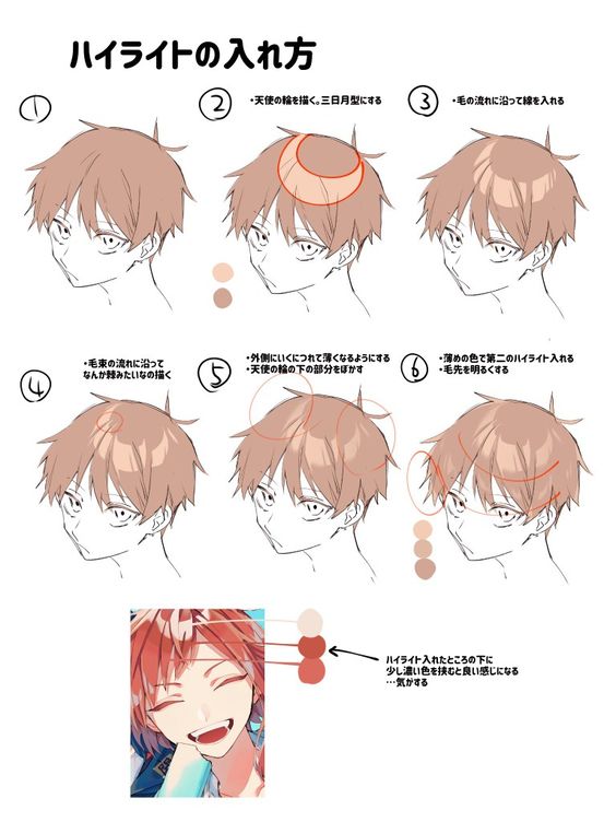 a tutorial on how to draw anime hair highlights. the tutorial is in japanese and shows six steps. the first step is to draw the basic shape of the hair. the second step is to add a halo around the head. the third step is to add lines along the direction of the hair flow. the fourth step is to draw something that looks like a hair bundle along the hair flow. the fifth step is to blur the bottom of the halo. the sixth step is to brighten the ends of the hair. the tutorial also includes a tip to add a slightly darker color below the highlight.
