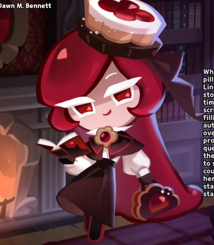 the image shows a digital cartoon art of raspberry cookie from the cookie run game. she is wearing a dessert hat and a dress, has red hair, red eyes, and is reading a book. she is in a library.