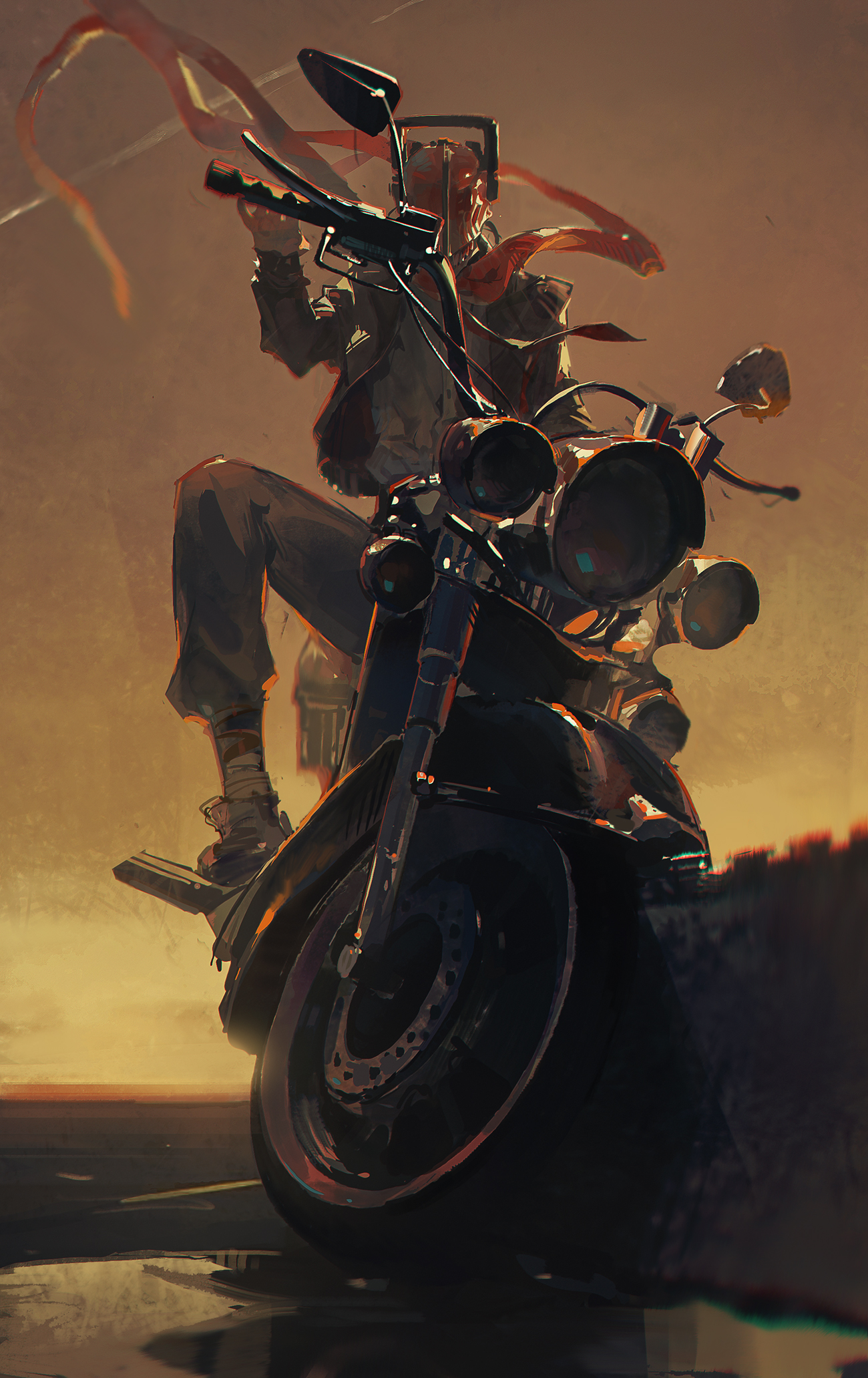 a motorcycle rider wearing a red helmet and a leather jacket rides along a road at sunset. the rider's silhouette is backlit by the setting sun, creating a dramatic effect.