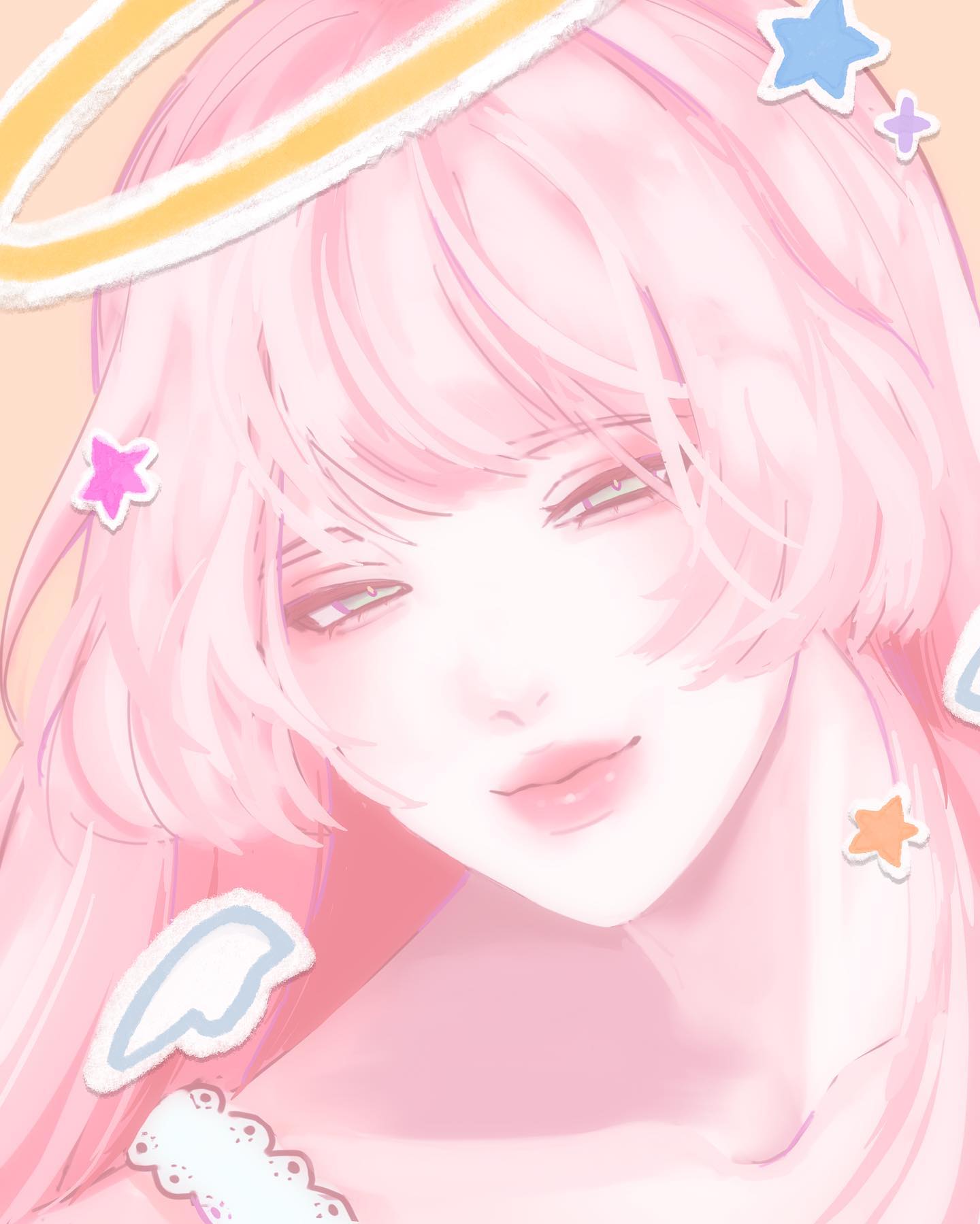 a digital art piece of a cute pink haired anime girl wearing a halo and angel wings. the background is filled with soft, pastel pink tones, and the girl's expression is sweet and innocent. the overall vibe of the artwork is whimsical and magical.