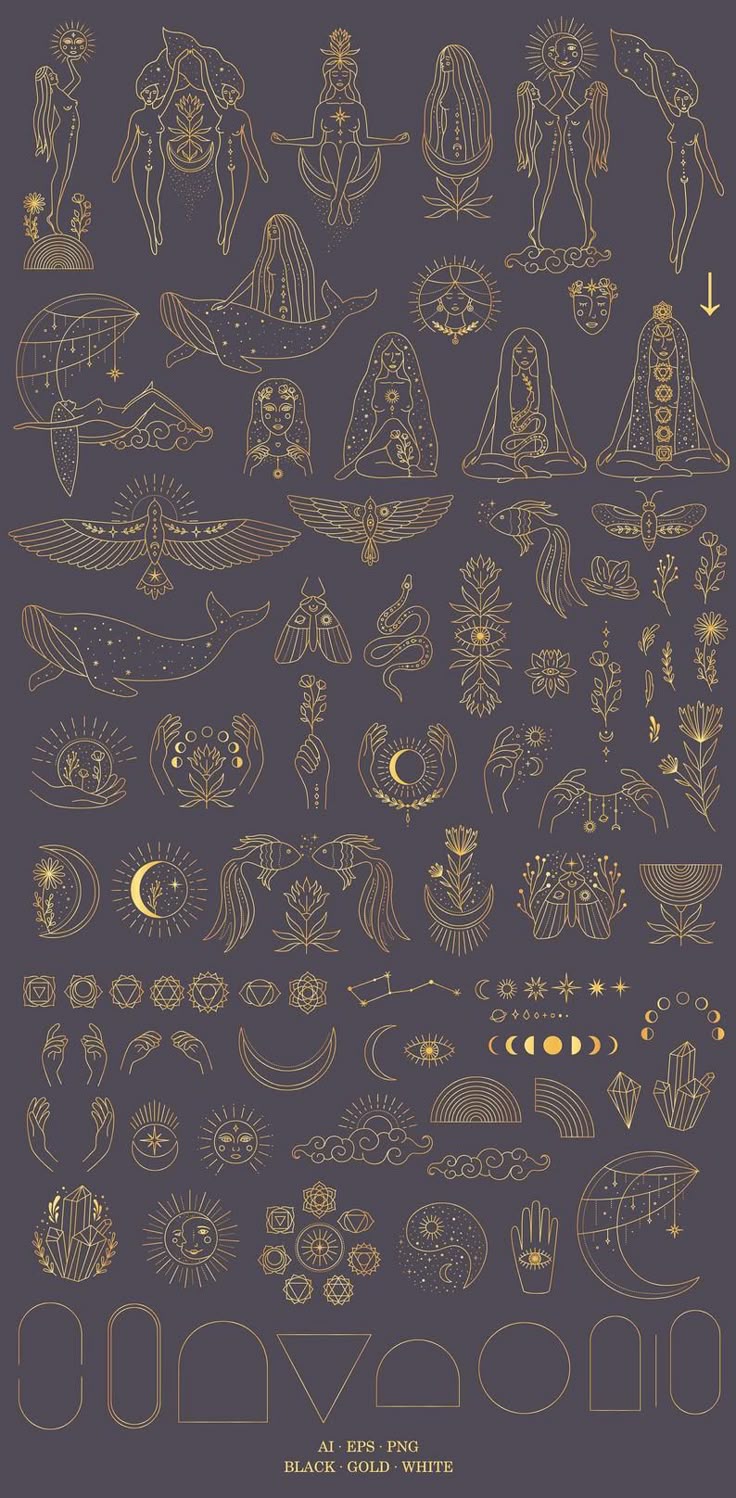 the image is a collection of line art illustrations in gold against a dark background. it includes depictions of women in various spiritual poses, celestial bodies like the sun and moon, animals like whales and snakes, and symbols such as the chakra system, constellations, crystals, and rainbows. there are also hands holding flowers or moons, and geometric shapes like arches and triangles. the style suggests a mystical or esoteric theme.