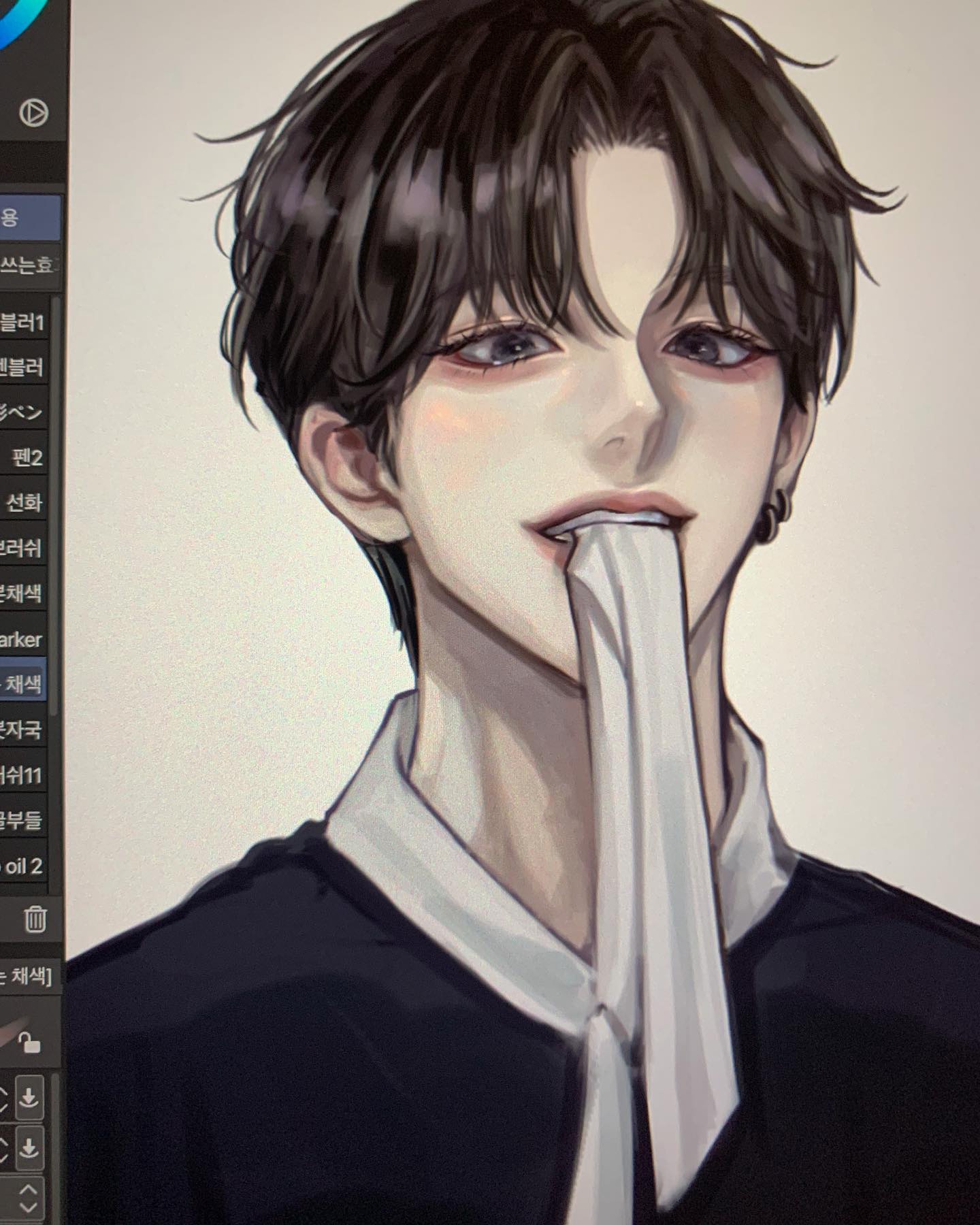 the image shows a closeup digital drawing of a young animestyle male character. he has dark, stylish hair with bangs partially covering his forehead.  he appears to be wearing a dark collared shirt and a lightcolored tie which he is playfully holding in his mouth.  the art style leans towards a sleek, modern aesthetic, possibly influenced by korean digital art trends. the background partially shows the interface of a digital drawing program, suggesting a work in progress. the overall tone is sophisticated and slightly mischievous.