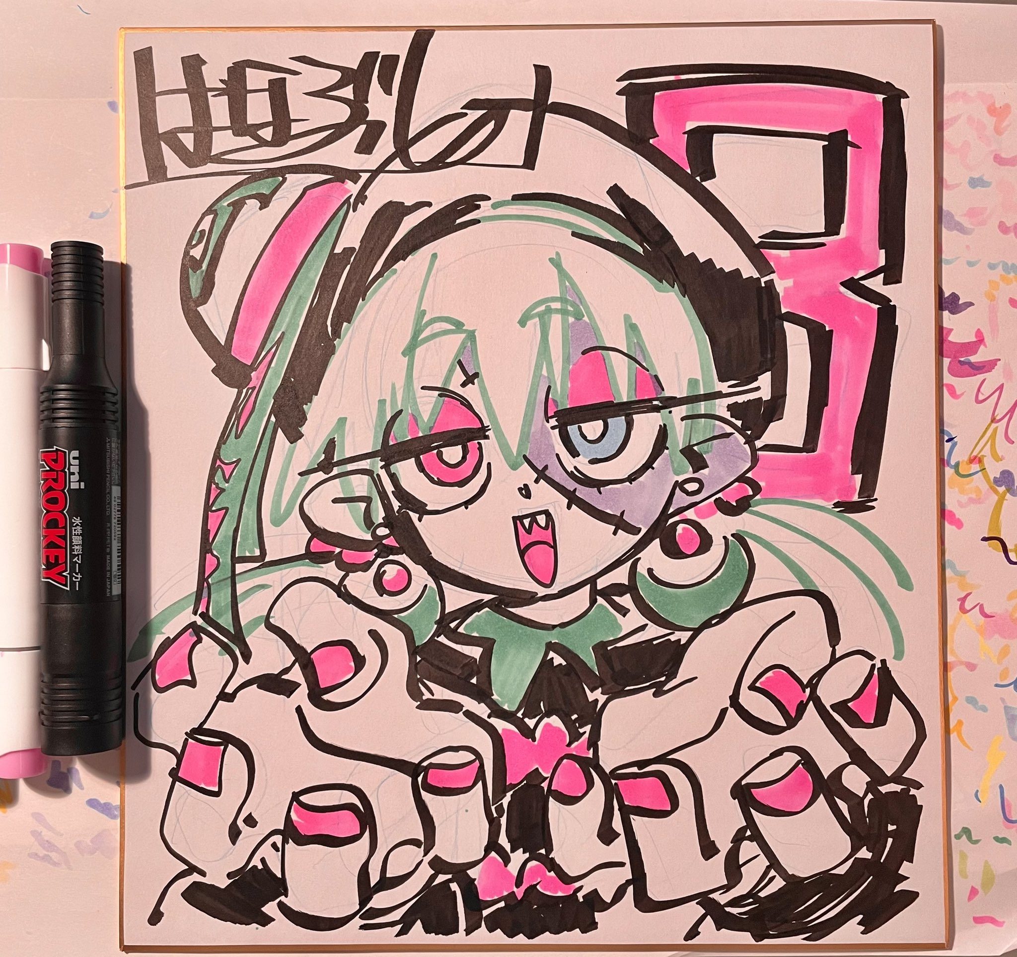 a vibrant marker drawing of a zombie girl with pink and green hair, drawn in a manga style. she has mismatched eyes, fangs, and stitches on her face. she is holding her hands outstretched with long, pink nails. the drawing is on a white board and next to it is a pink and black marker. the background includes colorful doodles.