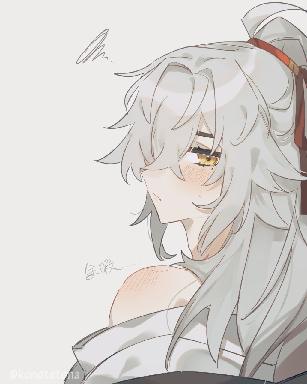 a closeup shot of an anime girl with long white hair tied up in a ponytail with a red ribbon. she is blushing and looking down, her expression is cute and innocent. the illustration is in a manga style, with soft lines and delicate details. the background is a simple white, which makes the girl's hair and features stand out even more.