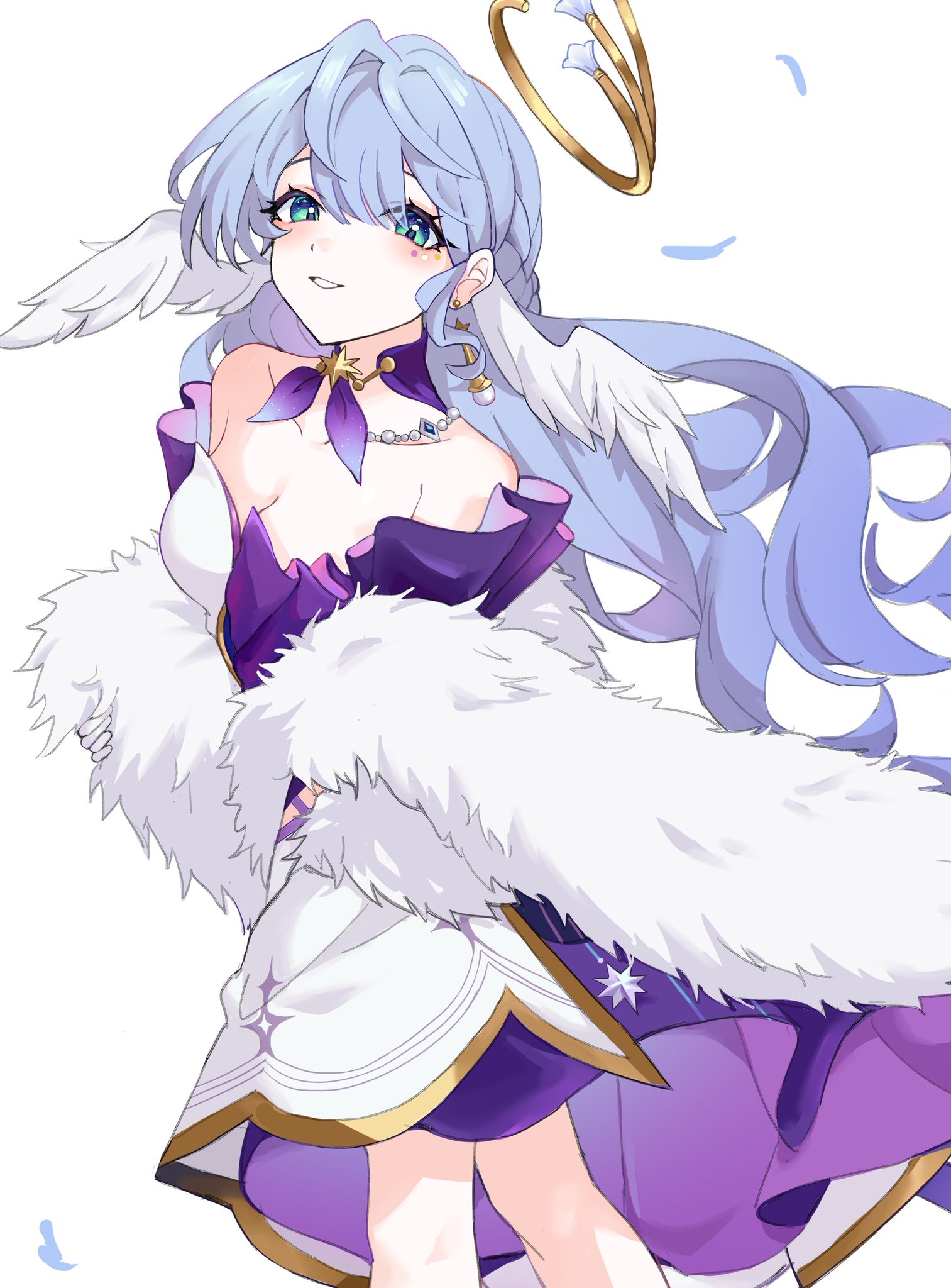 this is a digital illustration of an anime girl with long blue hair, wearing a white dress with a purple bodice. she is smiling with her eyes closed, and has a halo over her head, and wings on her back. she appears to be wearing a fluffy white fur coat, and her hair is flowing in the wind.
