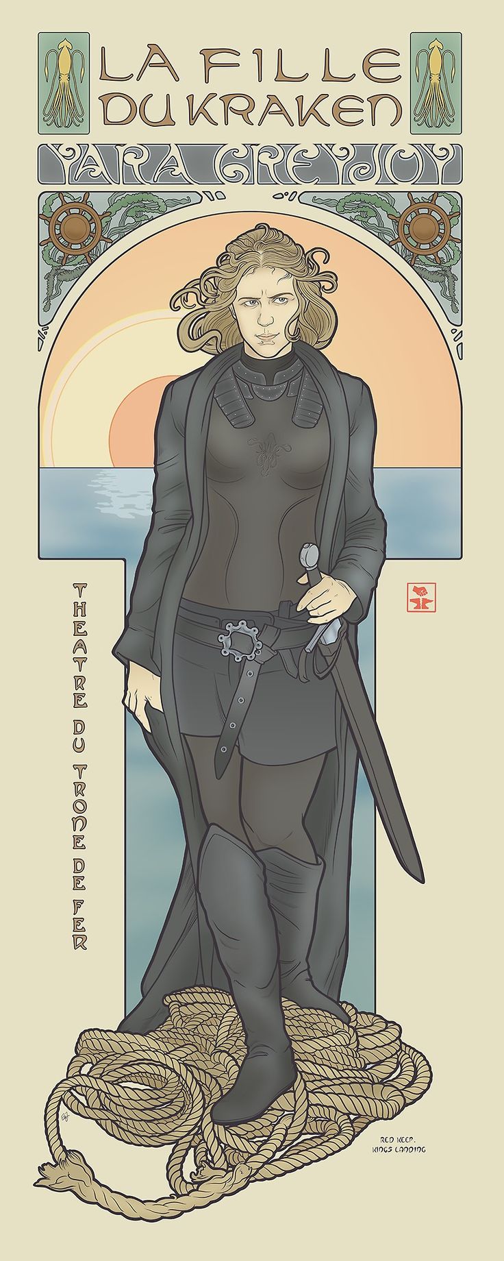 the image is a stylized art nouveau poster featuring yara greyjoy, a character from the game of thrones series. the title reads "la fille du kraken" (the kraken's daughter) above "yara greyjoy." yara is depicted as a strong, confident woman, wearing dark clothing, a sword at her side, and standing on a coil of rope. behind her is a view of the sea and a stylized sunset. decorative elements include octopus motifs, ships' wheels, and nautical themes, all in a style reminiscent of classic art nouveau posters. the text "théâtre du trône de fer" (theater of the iron throne) is written vertically along the side.