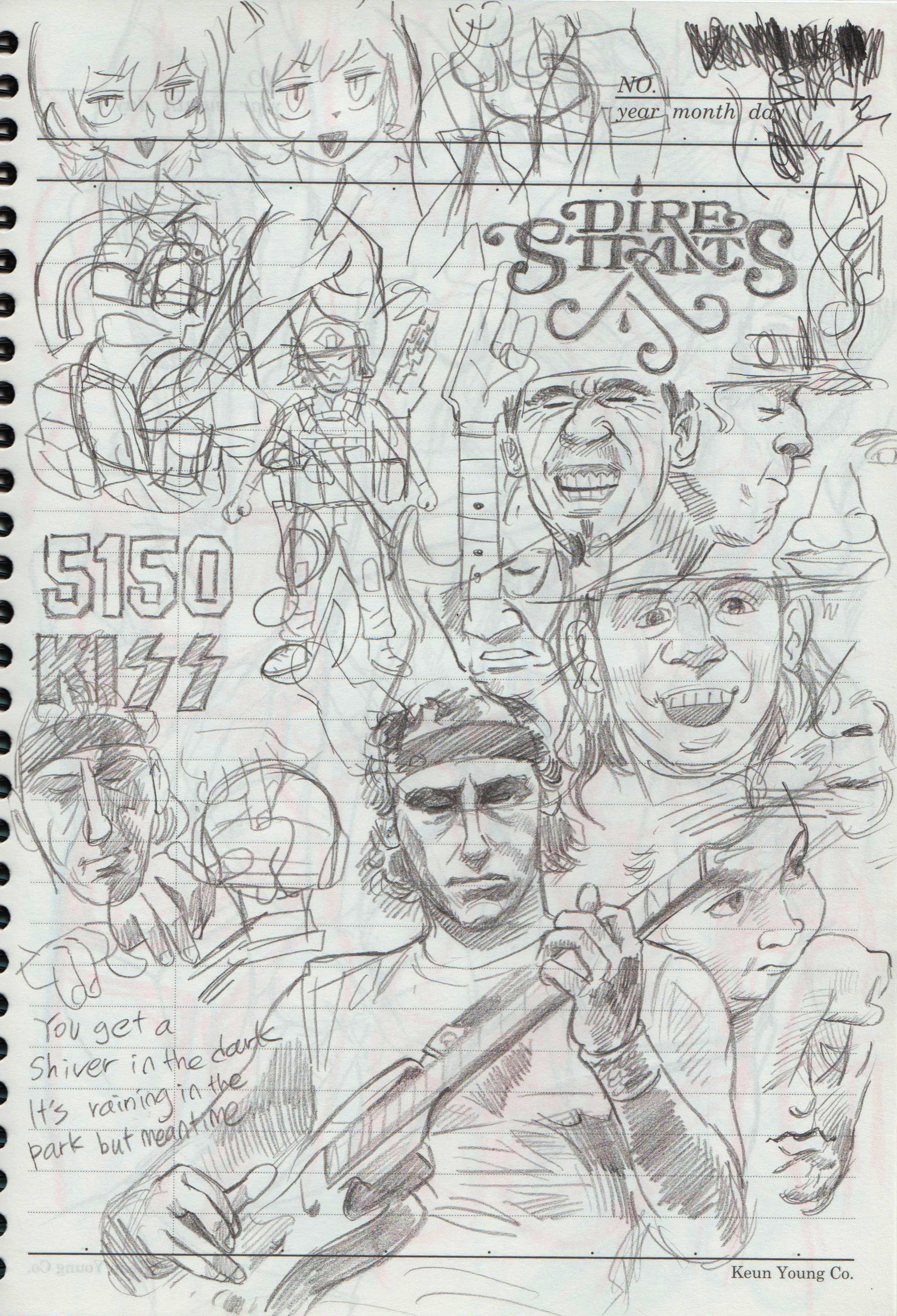 this is a sketch of a musical group called "dire straits" drawn on notebook paper in pencil. the lead singer is depicted as a man with a guitar in his hand. there is a 5150 written at the top left which may be a reference to the "5150" song from the band.