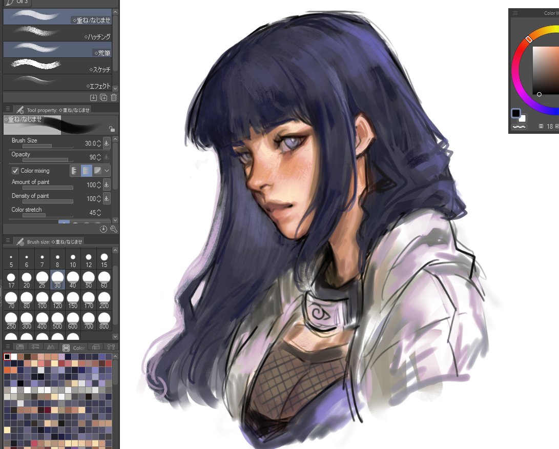 a digital painting of hinata hyuga from the anime naruto, created using digital art software. the image shows a portrait of the character with her distinctive purple hair and white eyes, wearing her attire. on the left of the image, there's the digital painting software's user interface with brush settings and color palette.