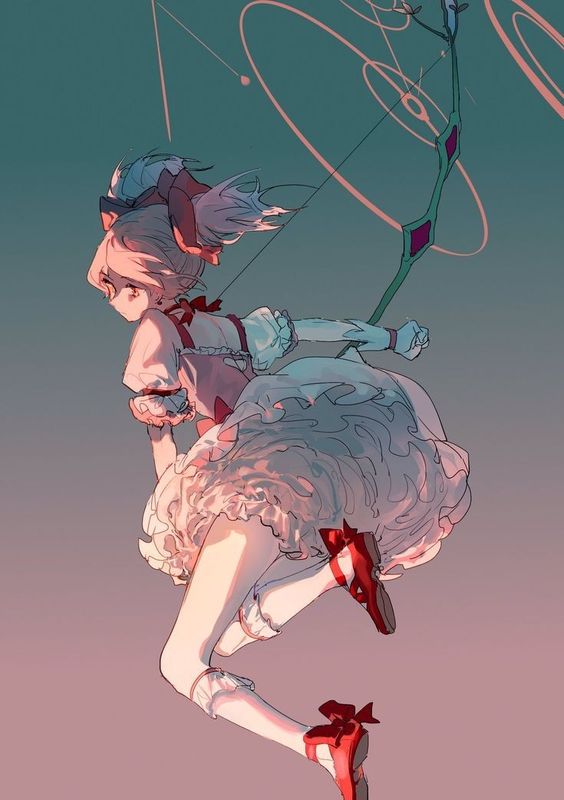 this image is a dynamic illustration of a young woman, likely the character madoka kaname from puella magi madoka magica, dressed in a frilly pink and white magical girl outfit. she is airborne, captured midaction, with her pink hair flowing behind her. she holds a magical bow and arrow, aiming at something unseen. the perspective is lowangle, emphasizing her power and determination. the soft lighting suggests a sunset, creating a warm and magical atmosphere.