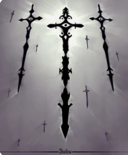 the image showcases three ornate, black swords against a backdrop of subtle gray. each sword points upwards, their hilts designed as elaborate crosses. smaller, simpler swords encircle them, emphasizing the central trio. the lighting is dramatic, appearing as a backlight that illuminates the swords' edges, creating a silhouette effect. the overall mood is one of mystery, power, and a touch of the ominous.