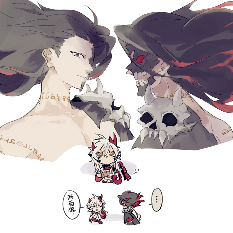 this digital artwork showcases a captivating scene from a fantasy world. two individuals, strikingly different in appearance, are portrayed in a moment of intense interaction. the character on the left, a young man with long, flowing white hair and piercing blue eyes, is adorned with intricate tattoos and a regal armor. his expression is serious, hinting at a deep sense of resolve. on the right, a mysterious figure with dark, flowing hair and a skull mask conceals their true face. their gaze is fixed on the first character, and their posture conveys an air of dominance.  both figures are drawn in a detailed and dynamic style, with bold lines and vibrant colors emphasizing their contrasting personalities. the background is simple, allowing the characters to take center stage, and their captivating interaction sparks curiosity about their story.