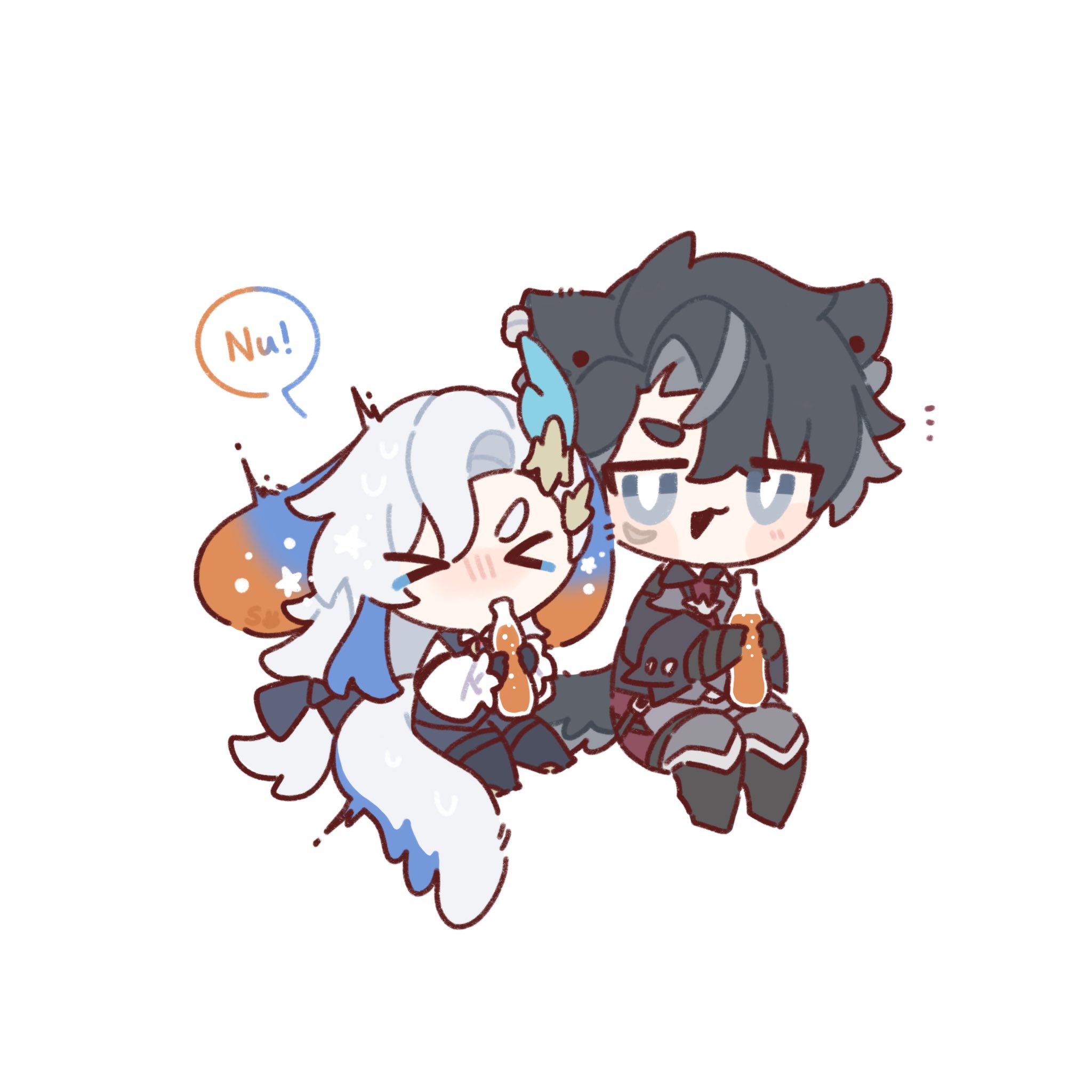 the image is a cute chibistyle fanart illustration featuring two animestyle characters, a boy and a girl, sitting closely together.  the girl has long, white and blue hair with orange and blue accents and catlike ears, while the boy has dark gray hair and catlike ears. they are both smiling and holding bottles of what appears to be soda. the style is whimsical and cartoonish. the background is plain white. a speech bubble near the girl says "nu!" suggesting a playful interaction between the two. the overall feel is one of happy friendship or camaraderie.