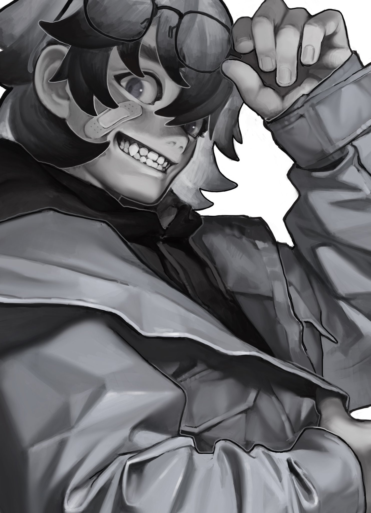 the image is a closeup grayscale digital illustration or painting of a stylized anime or mangastyle young male character.  he has short, slightly messy hair, is wearing a hooded jacket, sunglasses or goggles perched atop his head, and a bandage on his cheek. his expression is a mischievous grin, and his eyes are large and expressive. the artwork is highly detailed, showcasing textural elements in the clothing and skin, with the use of shadows and highlights to enhance the threedimensionality. the overall style is edgy and cool, suggestive of a character from a graphic novel or comic book. the grayscale palette contributes to a moody and atmospheric feel.