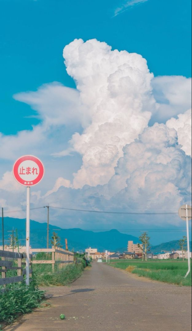 a road leads into a small town under a big sky with puffy clouds. a japanese stop sign stands on the left. mountains are in the distance. vegetation grows along the sides of the road.