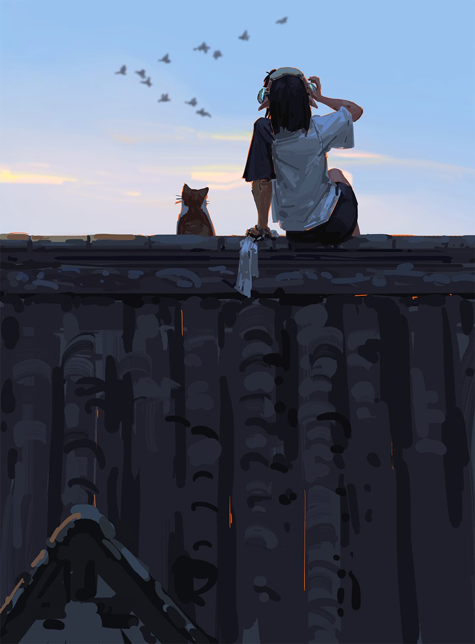 the image depicts a young girl sitting on a rooftop wall at sunset, accompanied by a cat. she is wearing headphones and appears to be looking at the sky, where a flock of birds is flying. the scene is peaceful and serene, with a calm and contemplative atmosphere. the colours are muted and soft, enhancing the tranquil mood. the background is a blurry cityscape, with a wooden fence forming the main foreground element. the overall feeling is one of quiet solitude and companionship between the girl and her feline friend.