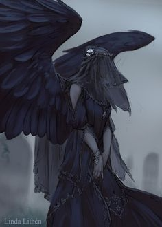 a dark fantasy illustration by linda lithen depicts a woman with large black wings, dressed in a gothic gown and veil, standing in a cemetery.