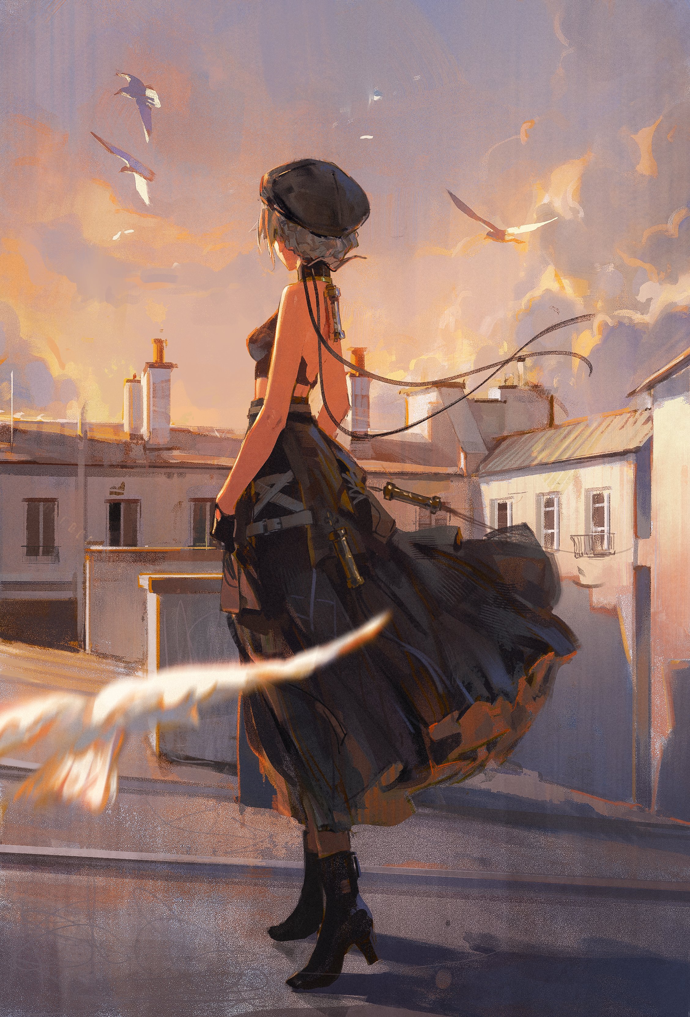 a young woman with long black hair and a black beret stands on a rooftop, looking out at the cityscape. her dress is billowing in the wind, and she has a sword at her side. birds fly in the sky, and the sun is setting in the distance, casting a warm glow over the scene.